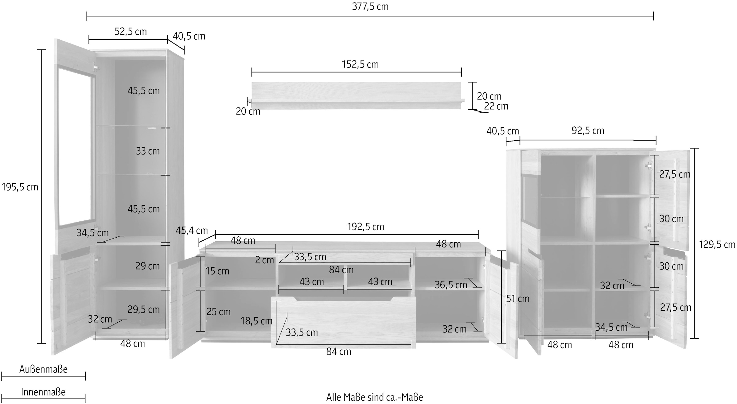 MCA living Wohnwand »Araya Wohnkombination II«, (Komplett-Set, 4 St., optional: Glaskantenbeleuchtung), Schubkästen/ Türen gedämpft