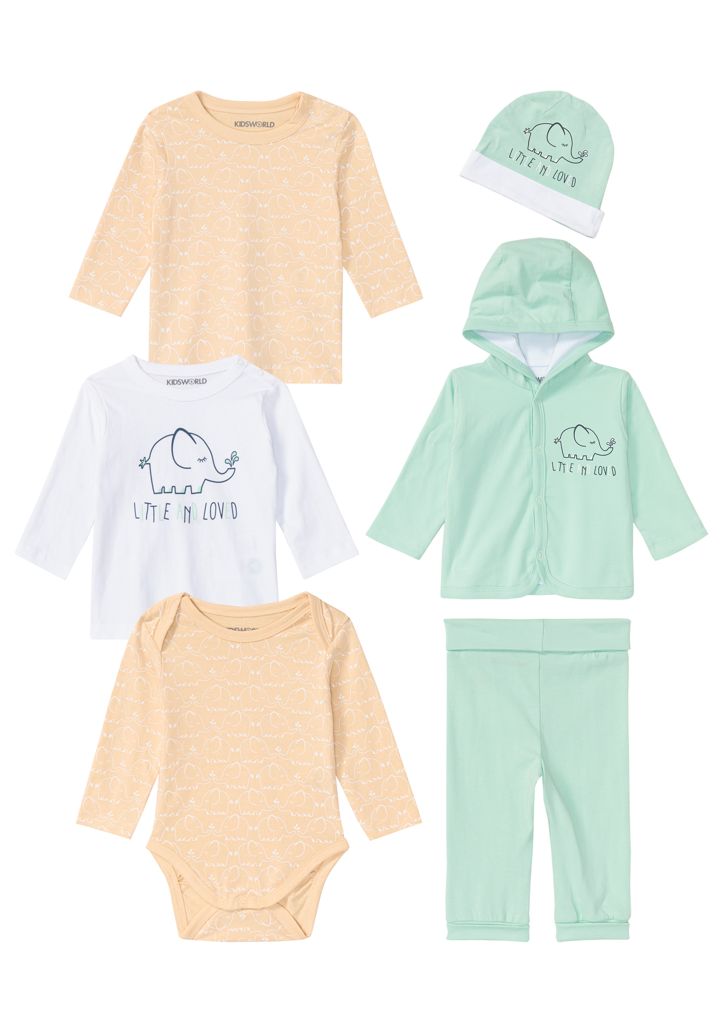 KIDSWORLD Jungen Starterpaket "6 teiliges Baby-Set - NEUE KOLLEKTION", grün, Gr. 50, bedruckt, geringelt, Jersey, Obermaterial: 100% Baumwolle, KOB