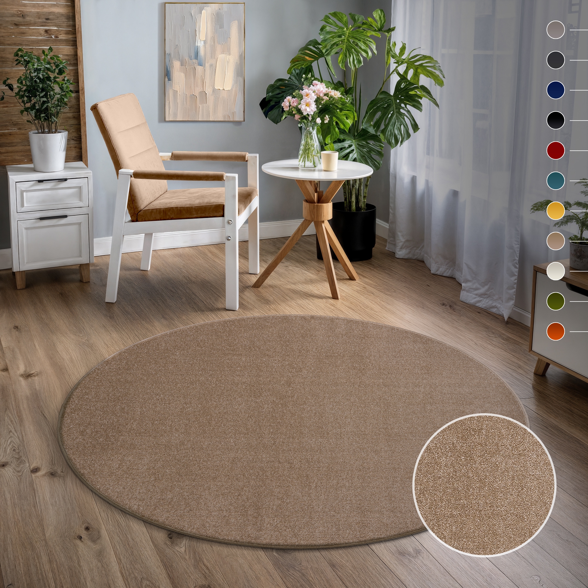 Sanat Teppich "UNI, auch als Läufer und Rund" rund 13 mm Höhe robuster Kurzflorteppich, große Farbauswahl, Wohnzimmer, alle Räume