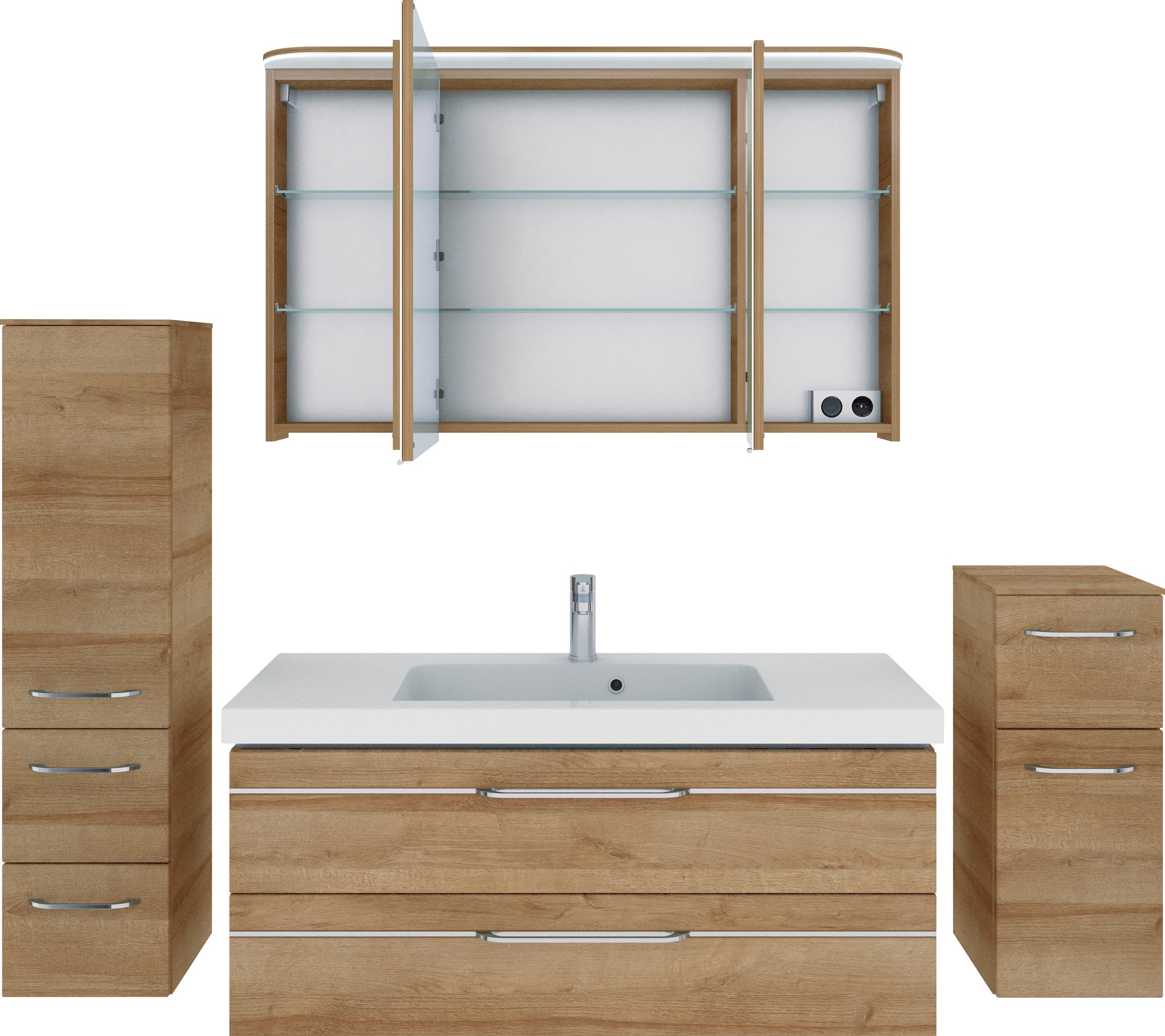 Saphir Badmöbel-Set »Balto Sprint 4-teilig, Mineralmarmor-Waschtisch mit LED-Spiegelschrank«, (5 St.), Unterschrank, Midischrank, inkl. Türdämpfer, 5 Türen, 5 Schubladen