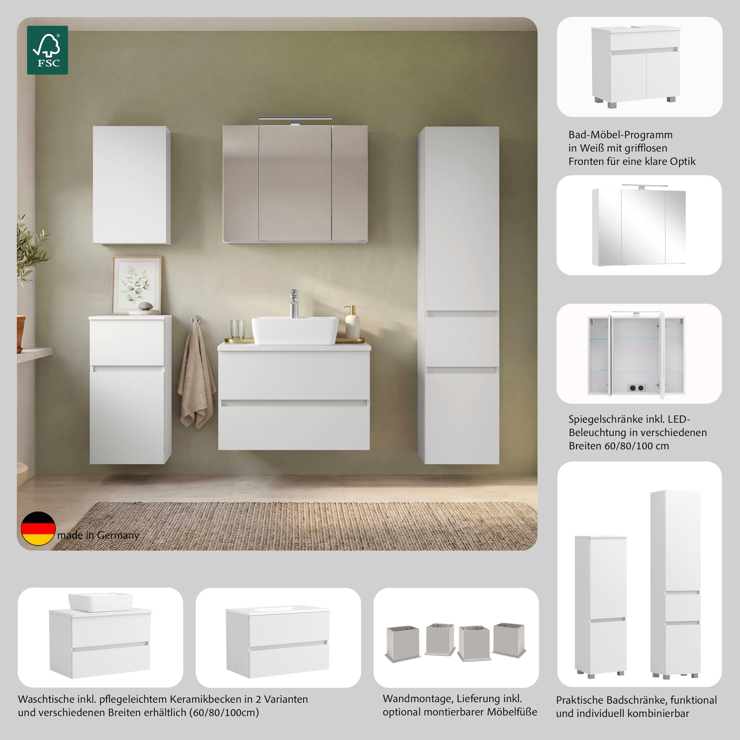 OTTO home Waschtisch »TRENTO, 2 Auszüge inklusive Becken und Montagematerial« Maße (B/H/T): ca. 60/52/45 cm, Badmöbel, Waschtisch, Stauraum, modern