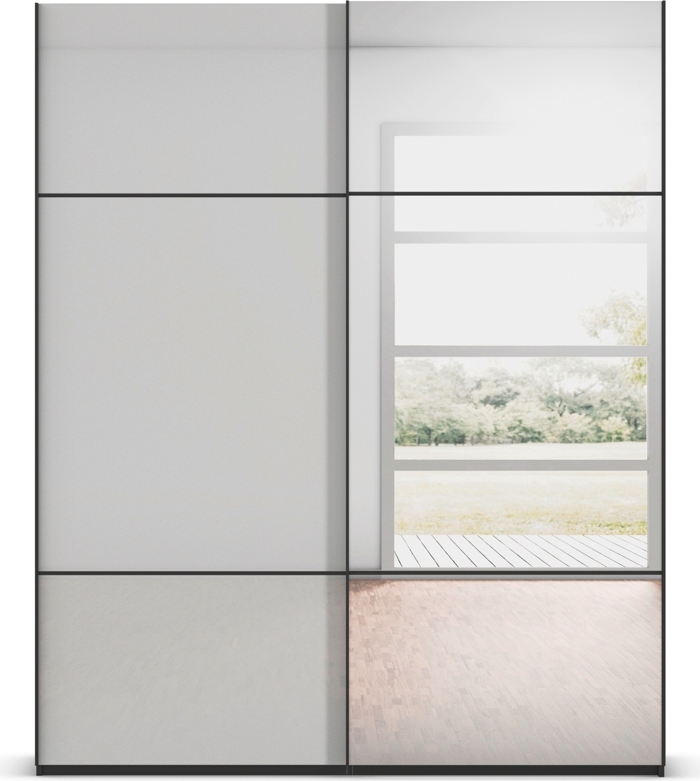 rauch Schwebetürenschrank »Kleiderschrank Schrank Garderobe Schlafzimmerschrank SCALE-TRIO«, edle dreigeteilte Front mit 2 Zierleisten Spiegel/Glas MADE IN GERMANY