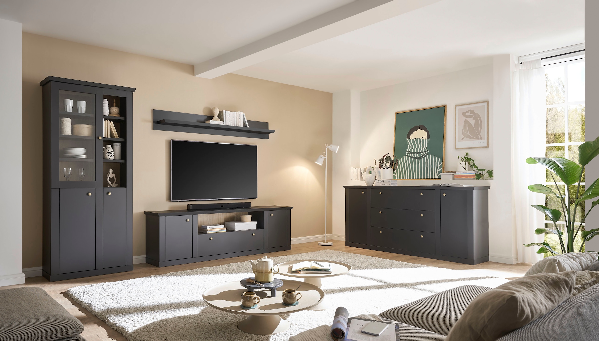 Home affaire Sideboard »Lincoln, moderner Schrank, schwarze Kommode, 205 cm breit« edles Design, messingfarbene Knopfgriffe, in 2 Größen verfügbar