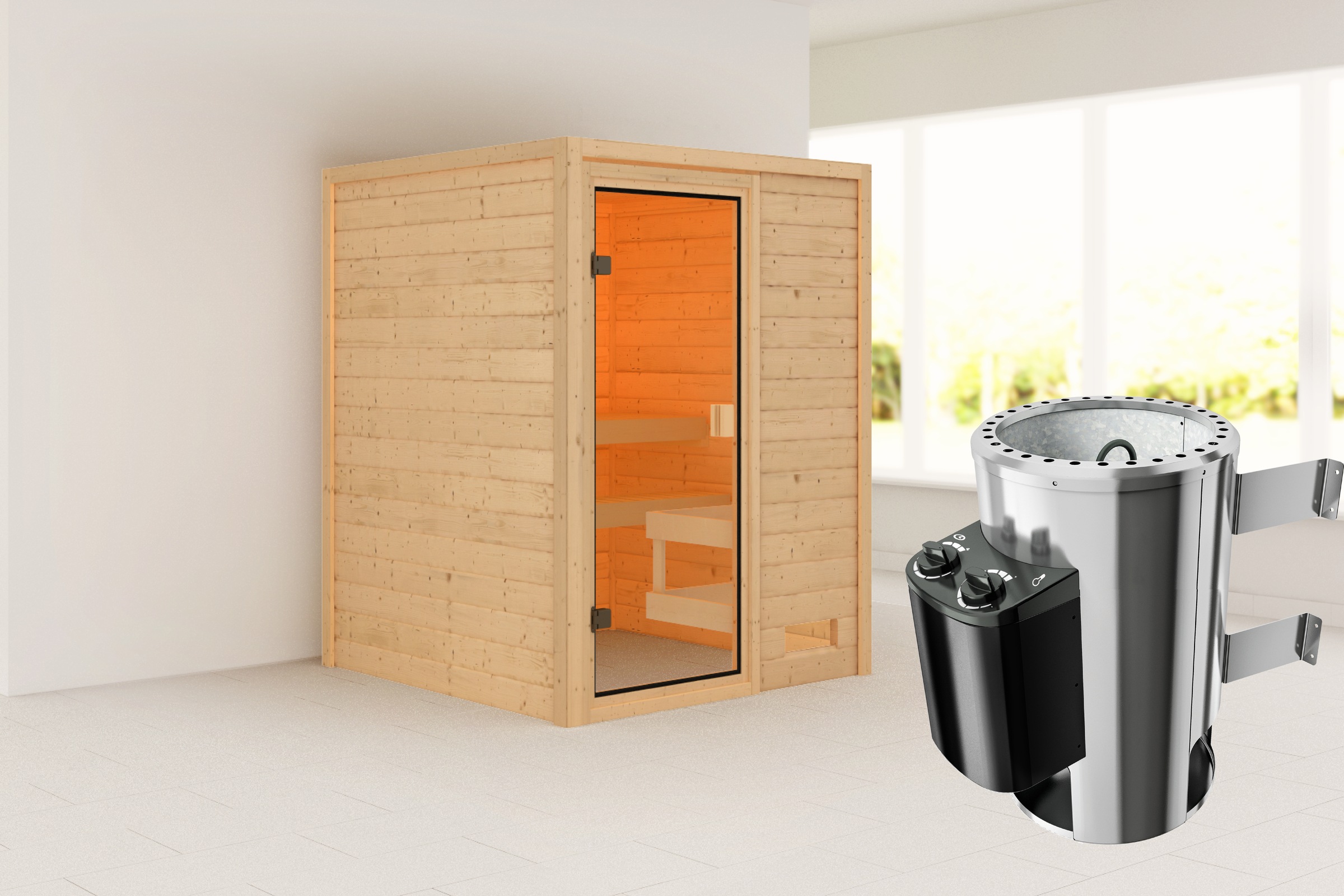 Karibu Sauna ""Sandy" mit bronzierter Tür, naturbelassen" aus hochwertiger nordischer Fichte