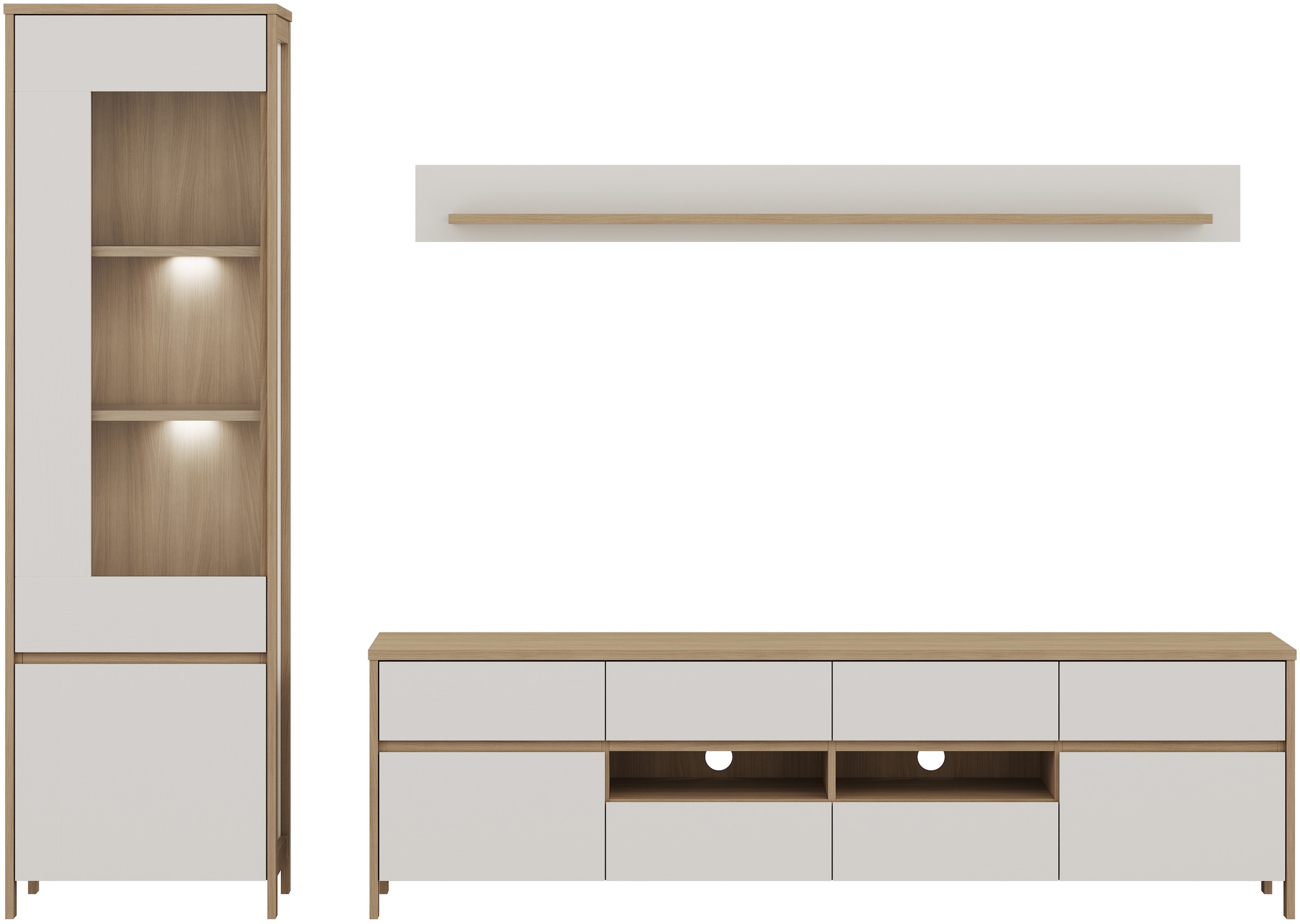 Home affaire Wohnwand »Stranda, moderne Anbauwand, Komplettset im Scandi-Style«, (3 St.), enthält Vitrine, Lowboard und Wandboard, 270 cm breit