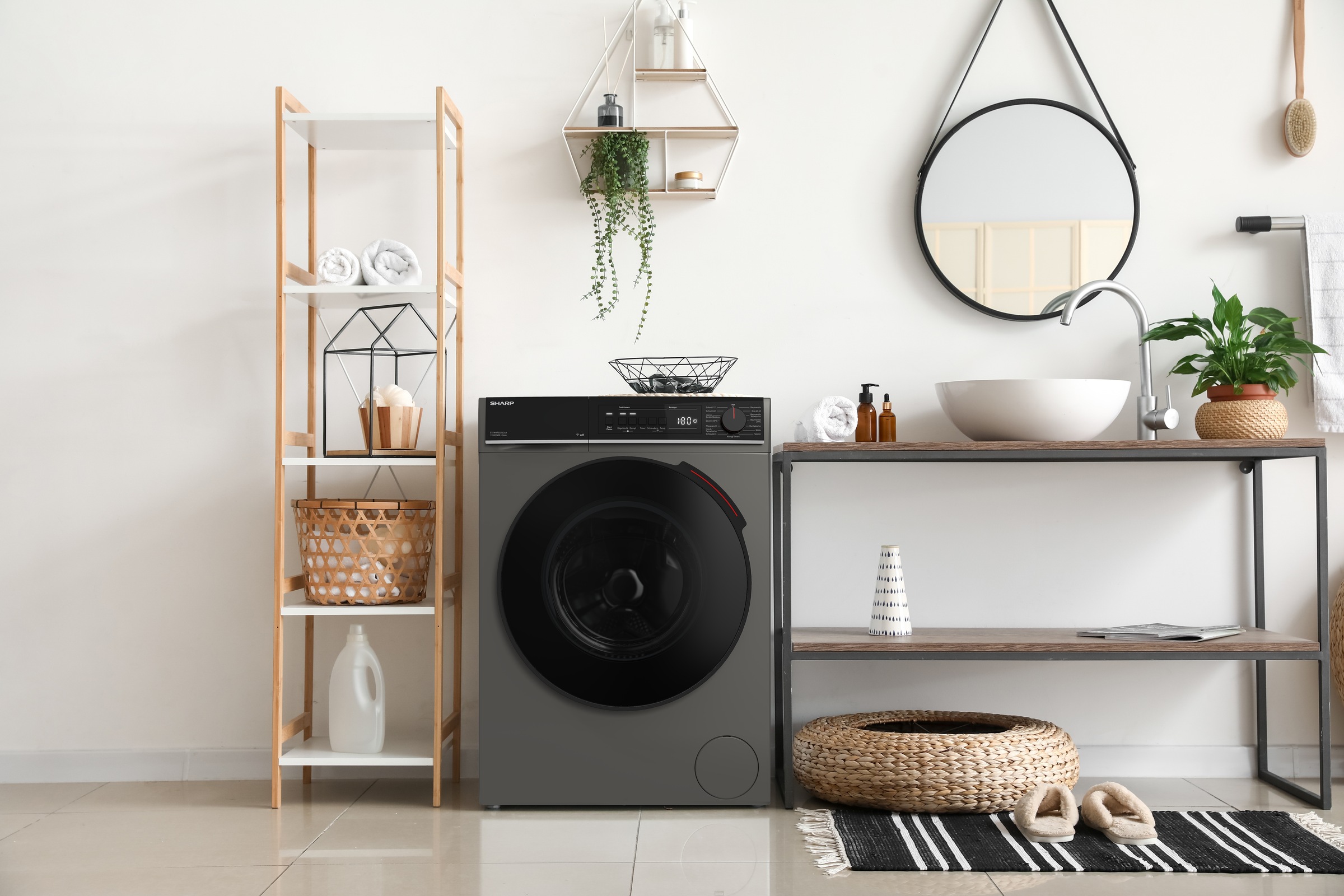Sharp Waschmaschine »ES-WNFB214CAA-DE« 12 kg 1400 U/min 12kg / +WIFI / A-20% / black Doorring+knob / Steam / Espresso Grey