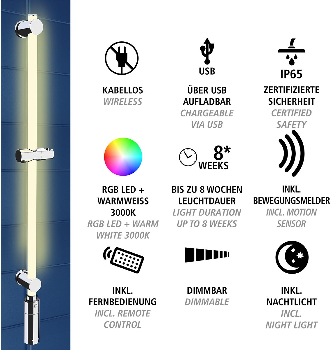 WENKO Duschstange »Brausestange mit LED Beleuchtung«, RGB-Farbwechsel und Warmweiß, inkl. wiederaufladbarer Einheit