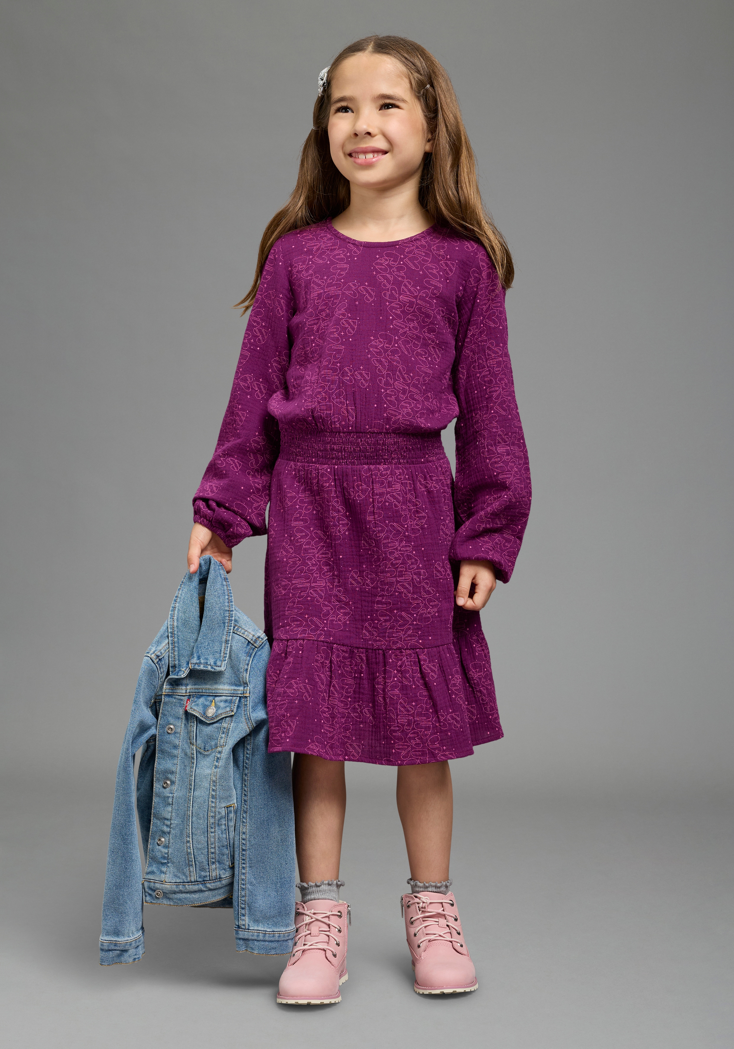 Scout Hemdblusenkleid "Musselin Kleid mit allover-Herzenmuster - NEU von SCOUT" Ohne Tasche Web-Kleid in Tunika Style, knielang, mit Volants, mit gesmokter Taille