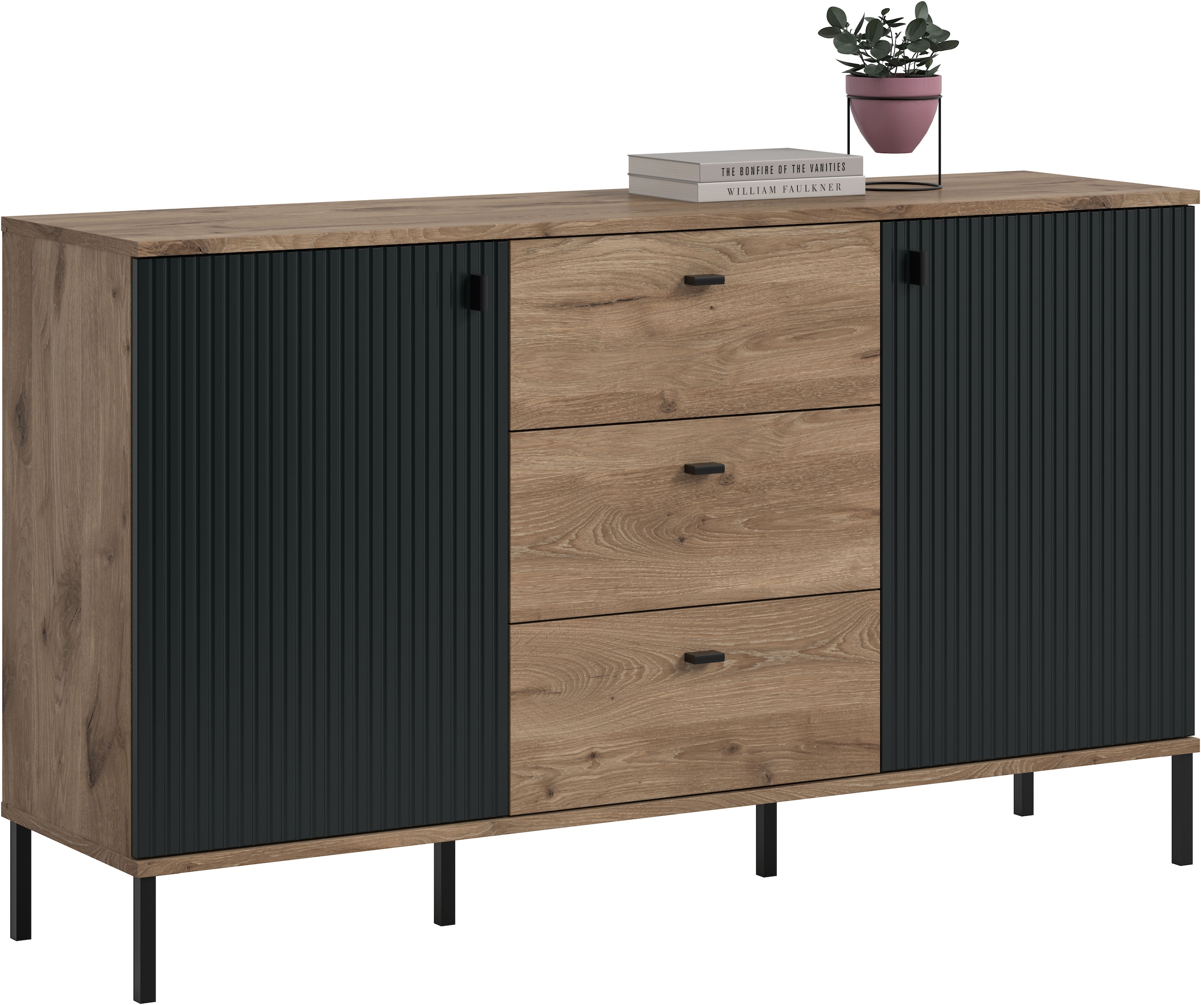 Home affaire Sideboard "TREVERK, Breite: 154 cm, hochwertige MDF-Front schwarz tiefzieh" 1 Stk. tlg. Sideboard, Wohnzimmer, Esszimmer