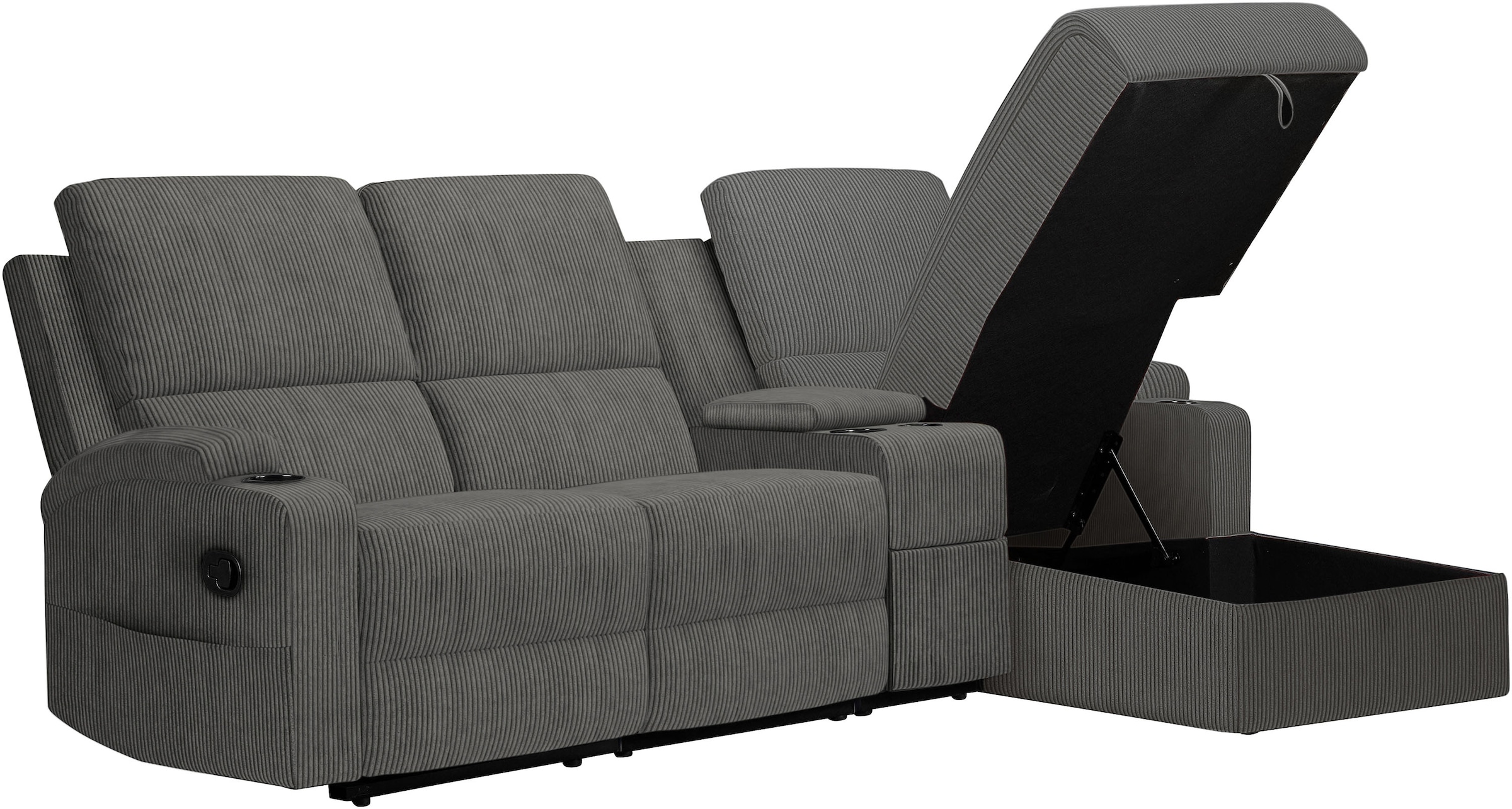 OTTO home Ecksofa »NAPORI Multimediasofa, 3er Kinosessel XXL, L-Form, Cord« Kinosofa mit Relaxfunktion, Getränkehalter, Staufach und Staukasten