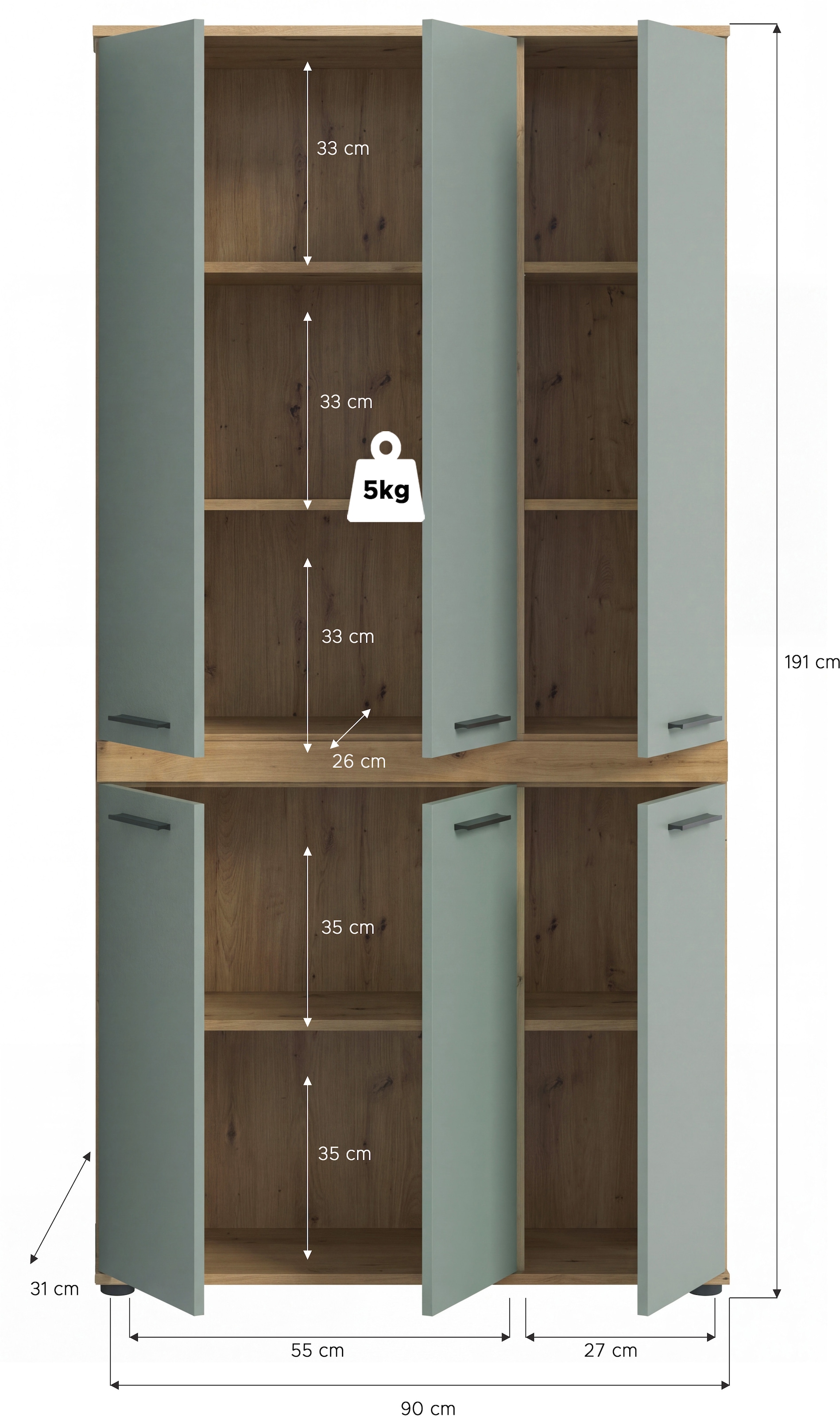 welltime Hochschrank »LUCCA, Breite 90cm, 6 Türen, 10 Fächer, 6 Einlegeböden« Badschrank, Badmöbel, Badezimmer, Universalschrank, Mehrzweckschrank