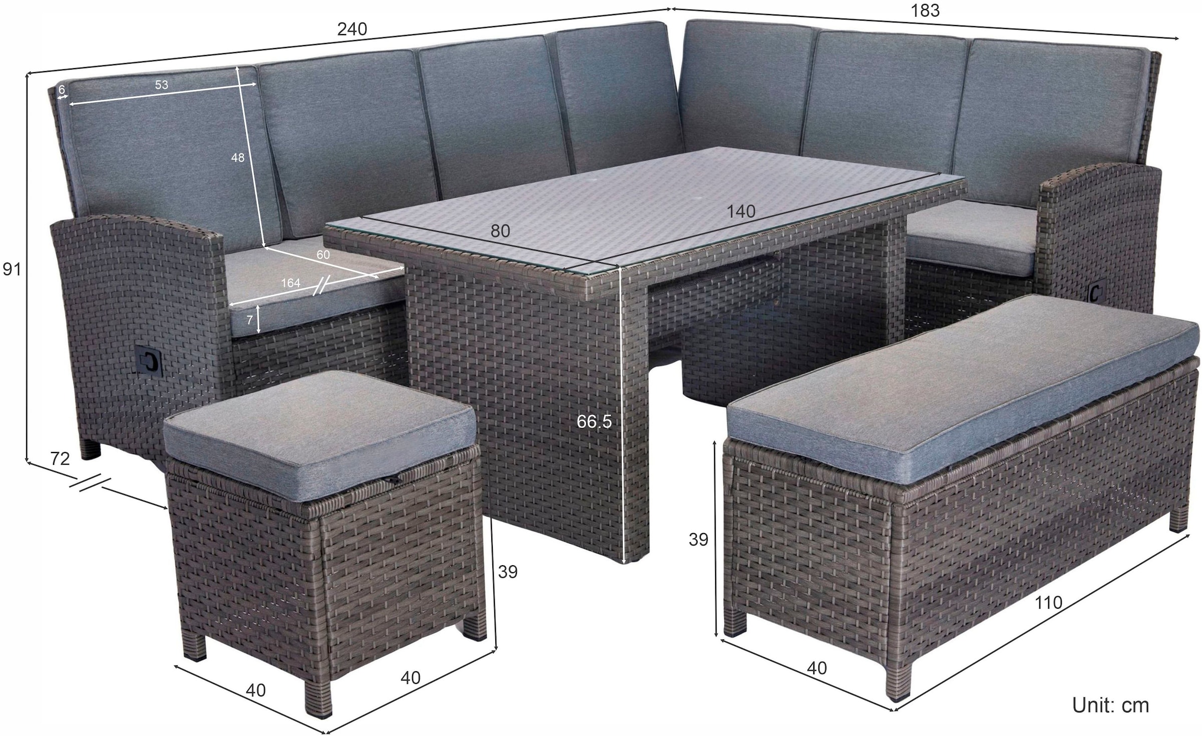 KONIFERA Gartenlounge-Set »Paris«, (Set, 17 tlg., 2x 3er Bank, 1x Sitzbank, 1x Hocker, 1x Tisch 140x80x67cm, Aluminium), inkl. Auflagen/Schutzhülle, Polyrattan, Rückenlehne verstellbar