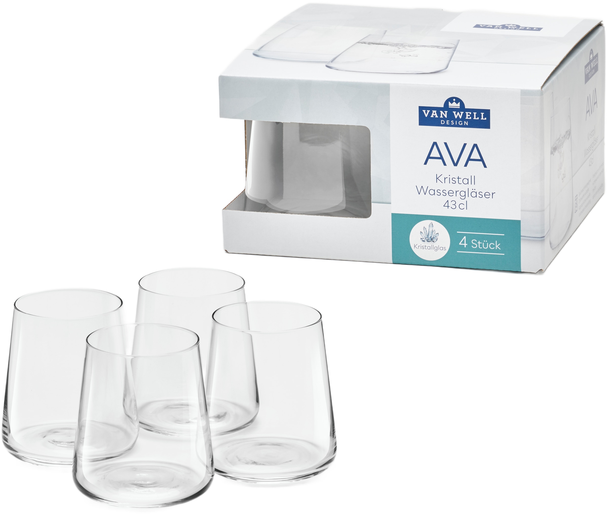 van Well Glas »Ava, Wassergläser 43,0 cl, 4 Stück«, (Set, 4 tlg.), Geschenkkarton mit Sichtfenster, spülmaschinengeeignet