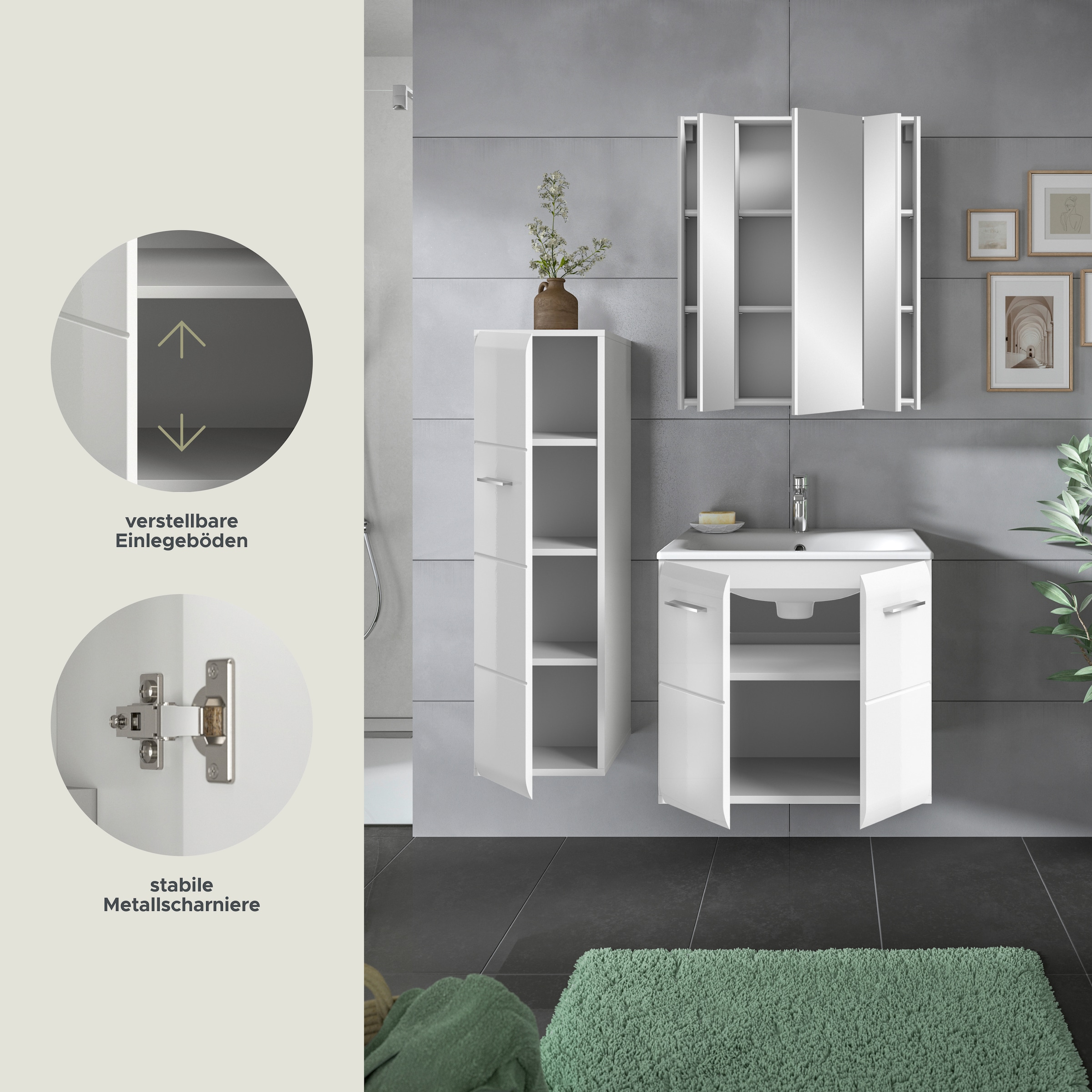 INOSIGN Badezimmer-Set, (Set, 4 St.), Florenz, Badkombination 4-tlg.,Weiß hochglanz, inkl. Waschbecken