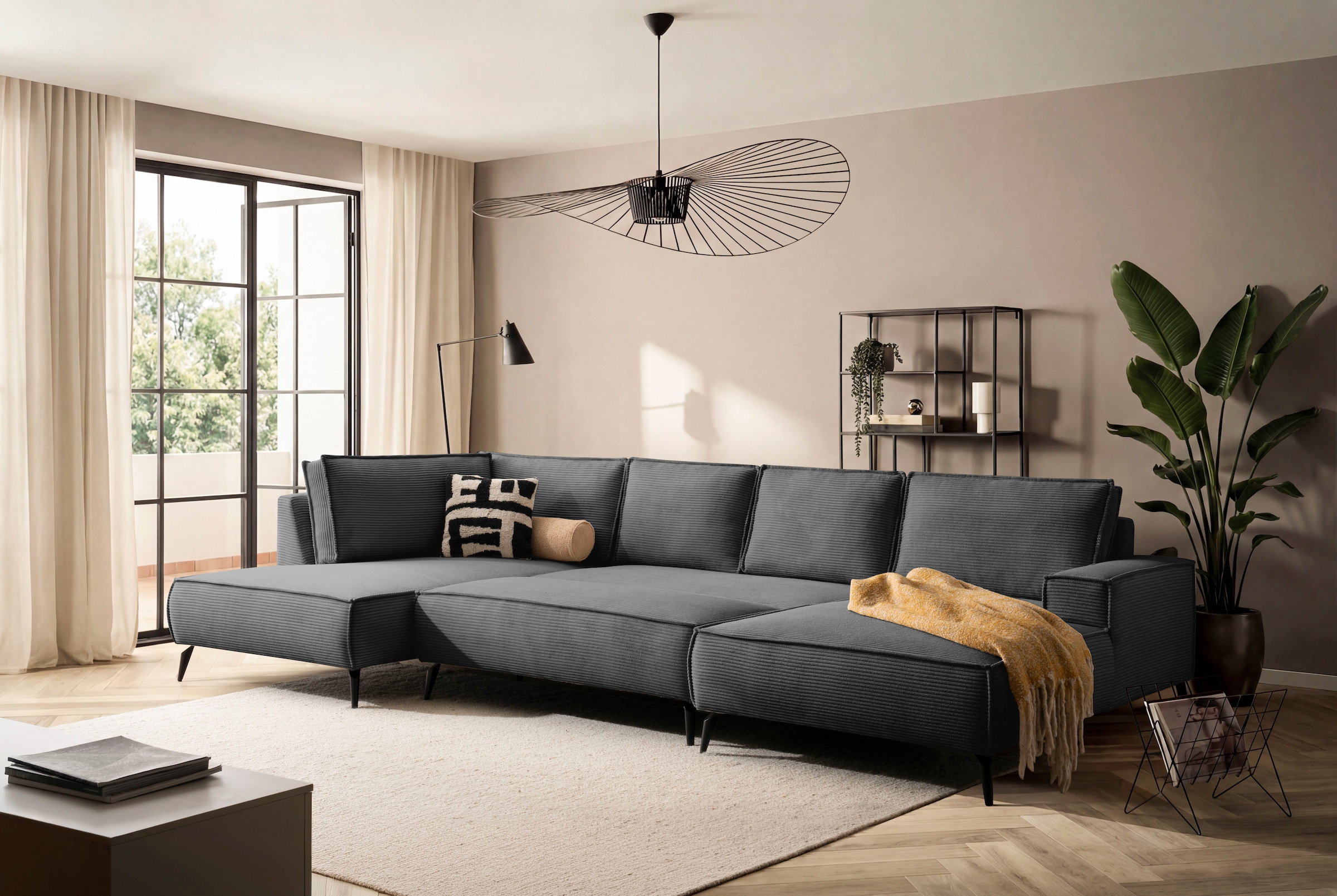 Home affaire Wohnlandschaft »Tvinnu, moderne U-Form, Couch in Cord oder Webstoff in Leinenoptik« Recamiere rechts/links, schwarze Metallfüße, bequeme Sitz-/Liegefläche