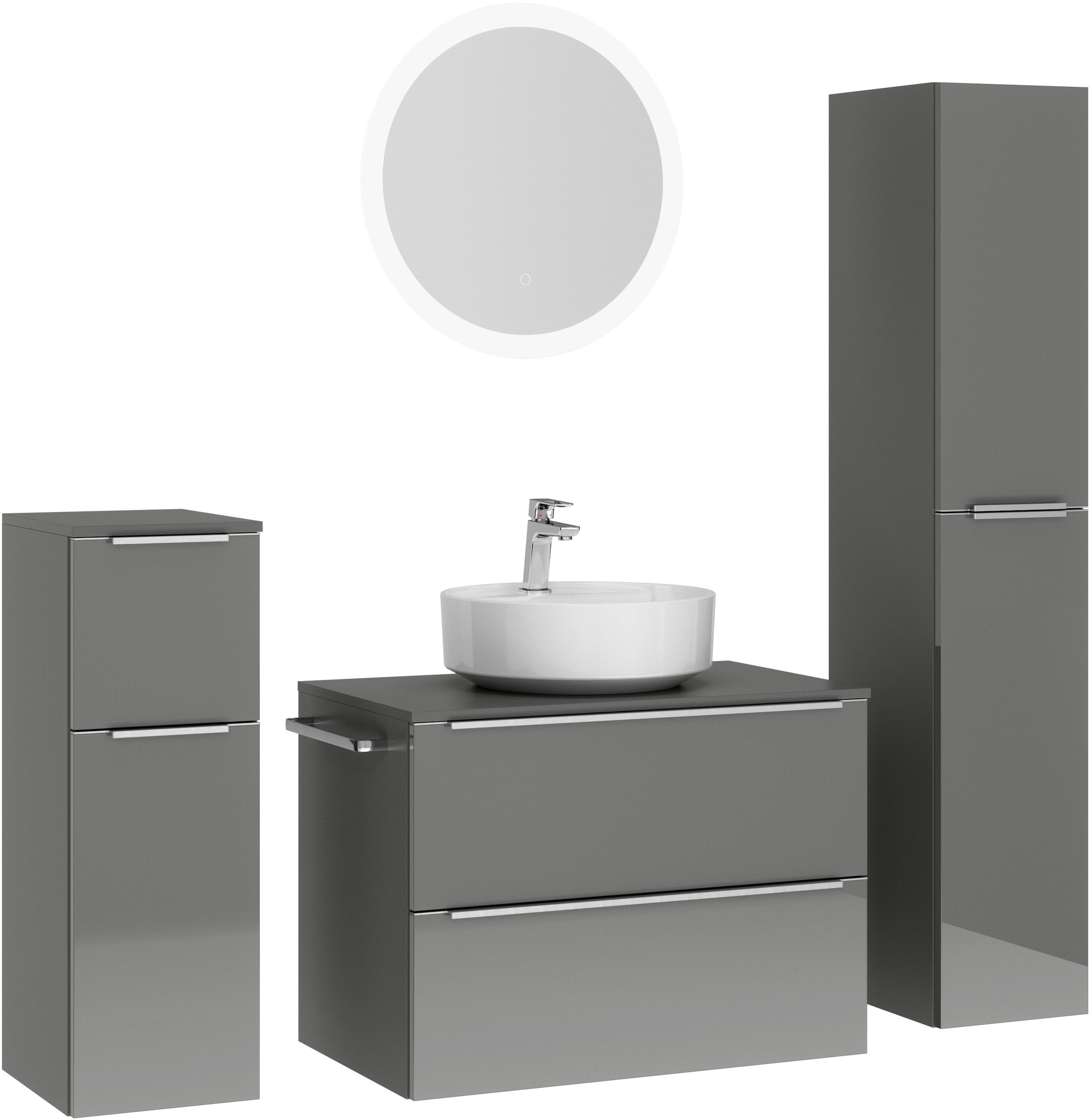 nobilia® Badmöbel-Set »Alvene«, (4 St., vormontiert, mit Soft-Close), Hochglanz, inkl. Spiegel mit Touch-Sensor, in vier Breiten