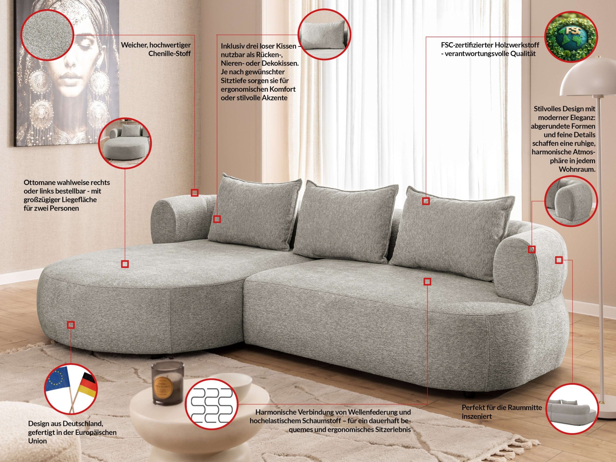 Thumbnail - Home affaire Ecksofa "LUSSAC L-Form Design-Sofa mit Zierkissen, Maße B/T/H: 257/159/78 cm" hoher Sitzkomfort und moderne...