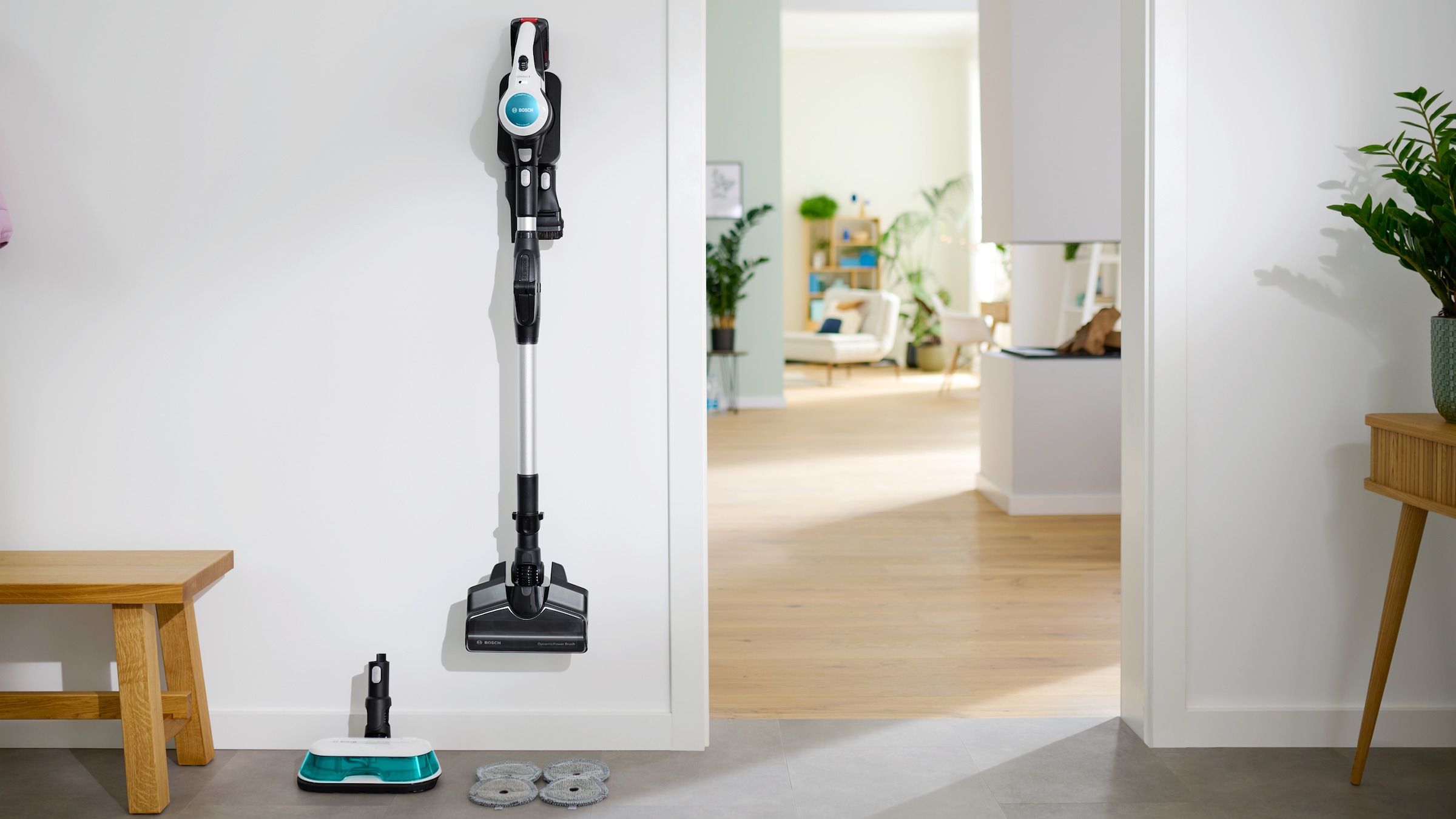 BOSCH Akku-Stielstaubsauger »Unlimited 7 ProHygienic Aqua BKS71HYG4, 2in1 Saugen & Wischen«, Knickrohr, Hygiene-Filter, 10 J. Motorgarantie, Mini-Turbo-Düse, weiß
