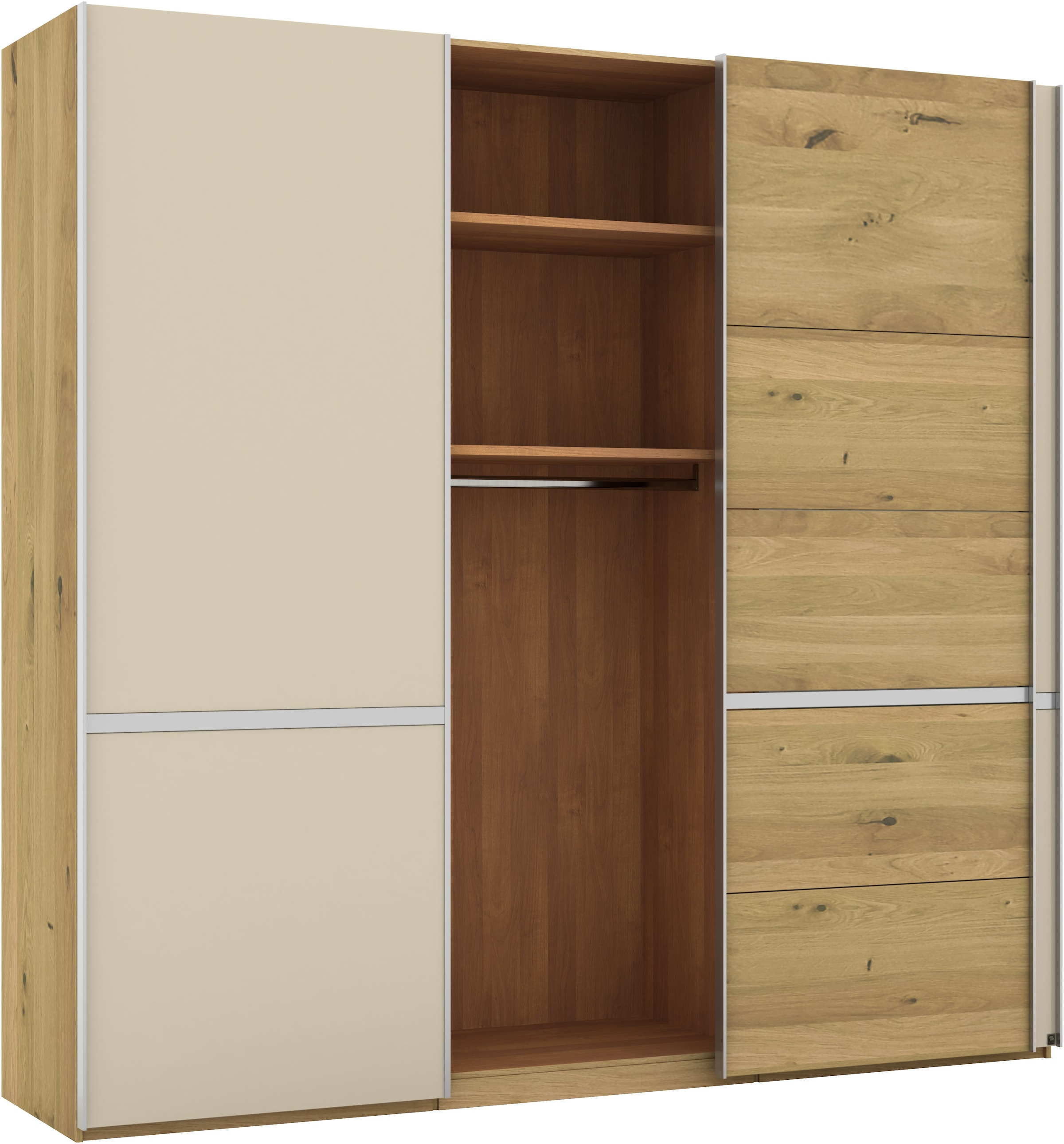Musterring Schwebetürenschrank »Savona, Kleiderschrank, Schrank, Garderobe, mit Schiebetüren«, (Teilmassiv Bianco-Eiche, mit Spiegel oder Glas, MADE IN GERMANY), Türen Bianco-Eiche massiv, Spiegel-/Glastüren, eingelegte Chromleiste