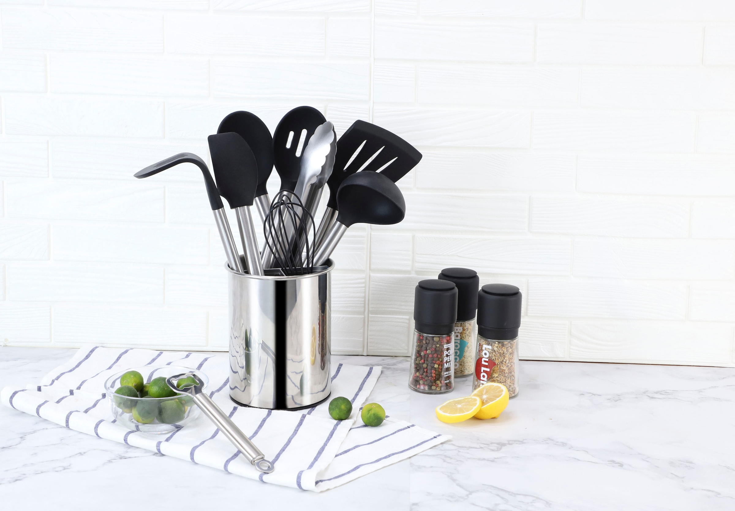 ECHTWERK Küchenorganizer-Set, (Set, 10 tlg.), Kochbesteck mit Edelstahlgriff, Antihaft Silikon, Utensilienhalter