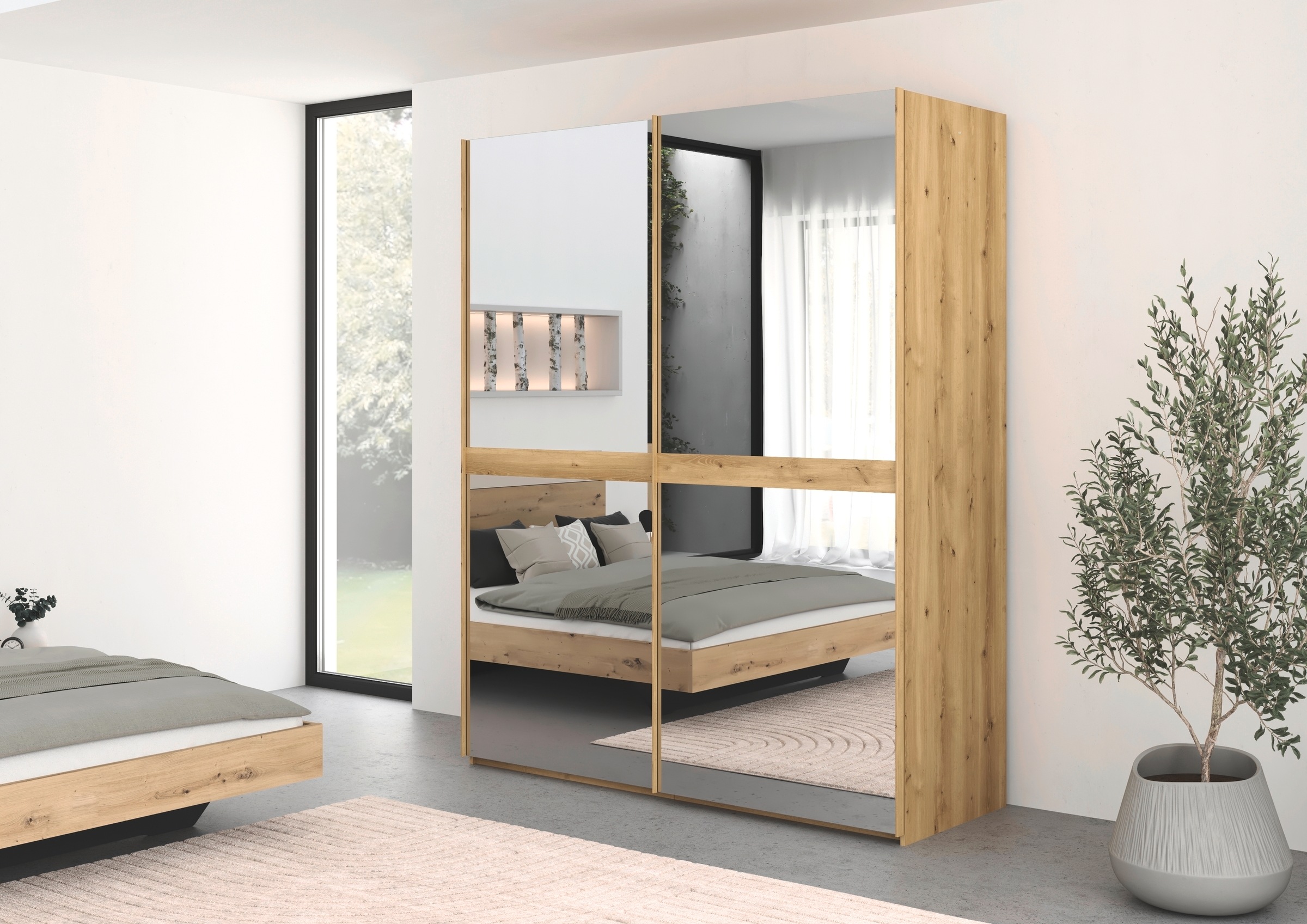 rauch Schwebetürenschrank »Kleiderschrank Schrank Garderobe Schlafzimmerschrank SCALE-LINE« edle Optik mit Bauchbinde in Korpusfarbe Spiegelfront MADE IN GERMANY