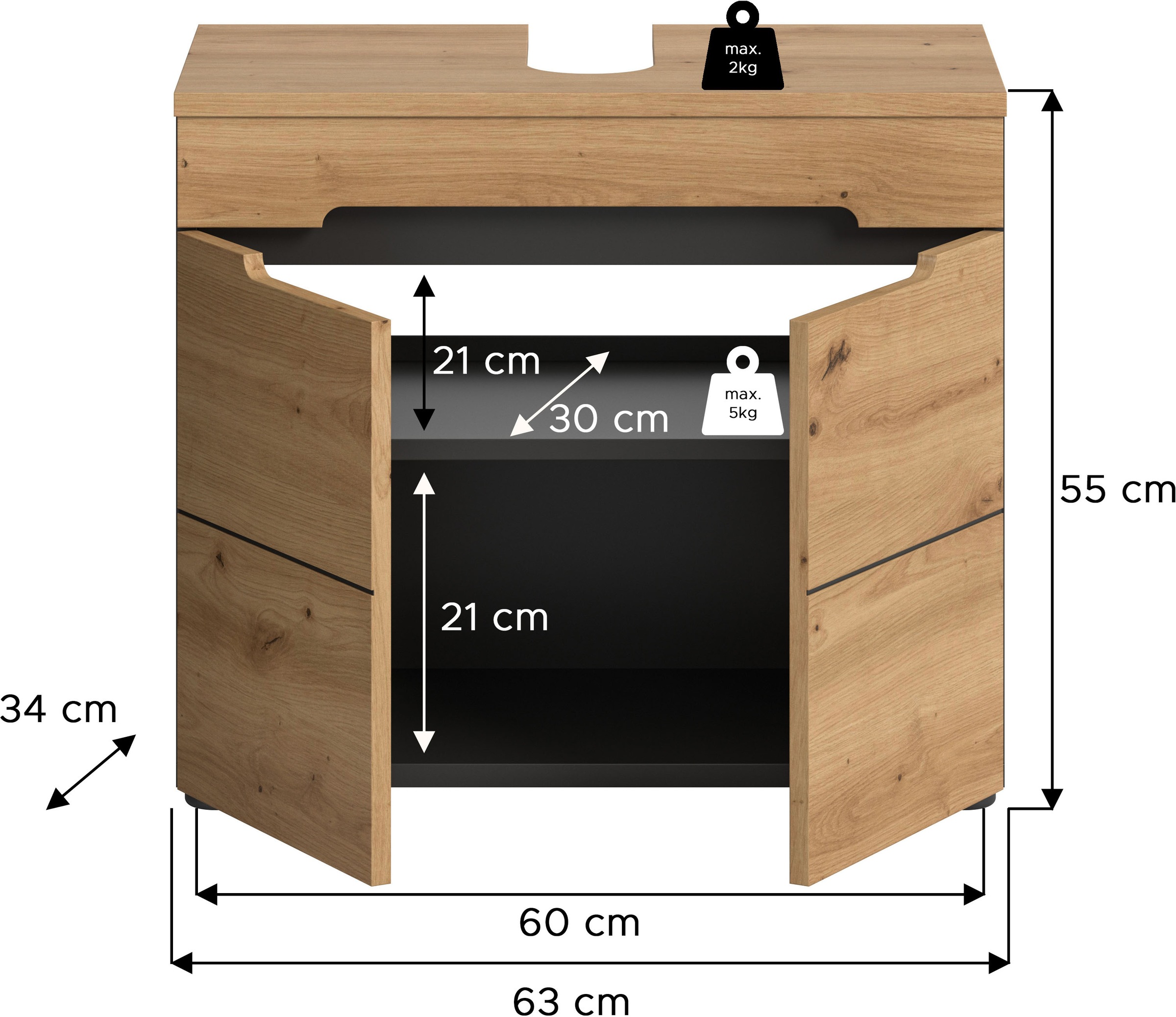 INOSIGN Waschbeckenunterschrank »REHAT, Breite 63 cm, 2 Türen, Einlegeboden, mit Siphonausschnitt«, Soft-Close-Funktion, eingefasste Griffaussparung in der Front