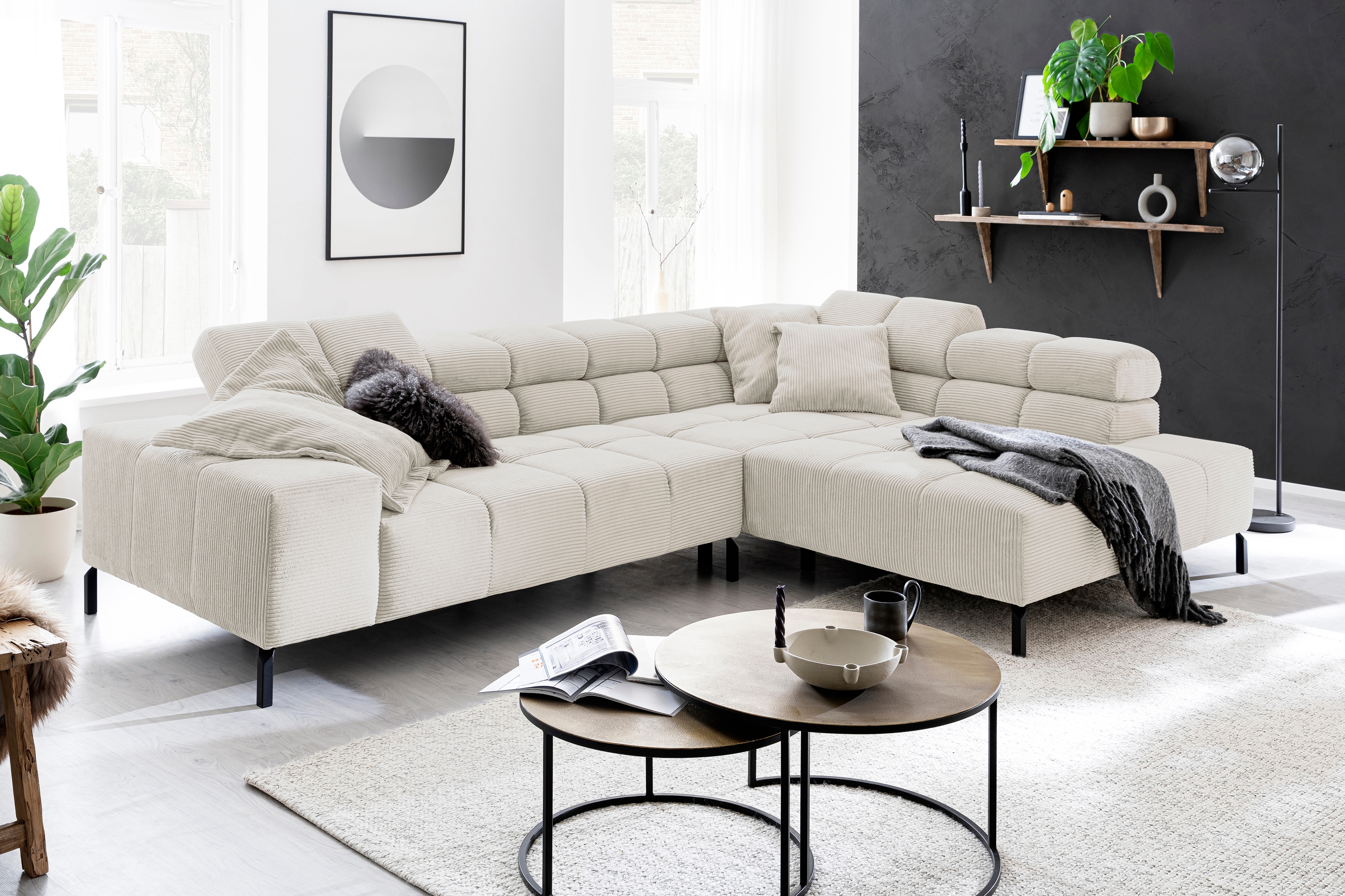 Home affaire Ecksofa "Ancona New, wahlweise motorische Sitztiefenverstellung, auch in Cord" feine Steppung, mit Kopfteilverstellung, 3 Zierkissen, L-Form