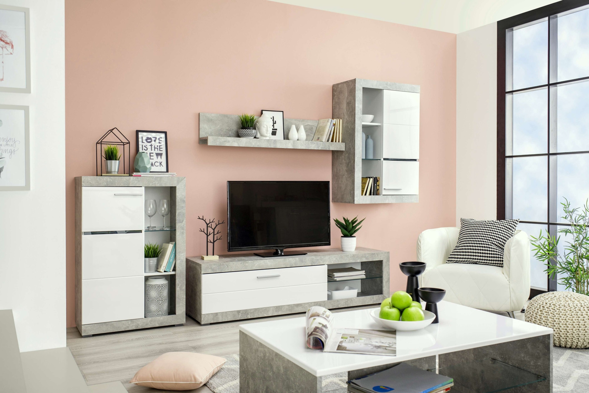 INOSIGN Wohnzimmer-Set »Rosso Wohnwand, Mediawand, Anbauwand, für TV bis 60', Breite 267 cm«, (Komplett-Set, 4 St., 4-st), Set besteht aus Highboard, TV-board, Wandregal und Hängeschrank