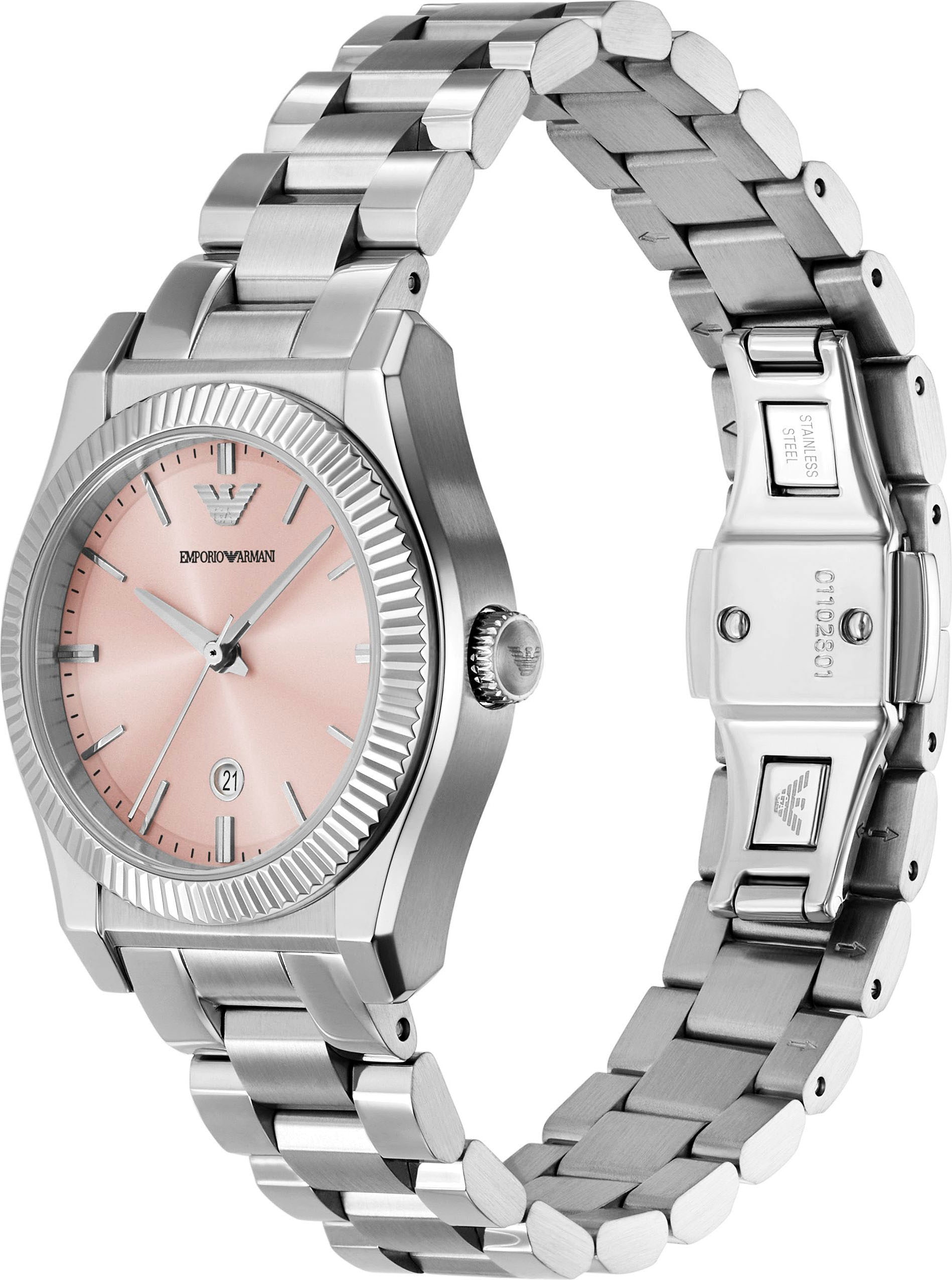 Emporio Armani Quarzuhr, Armbanduhr, Damenuhr, Edelstahlarmband, analog, Tag
