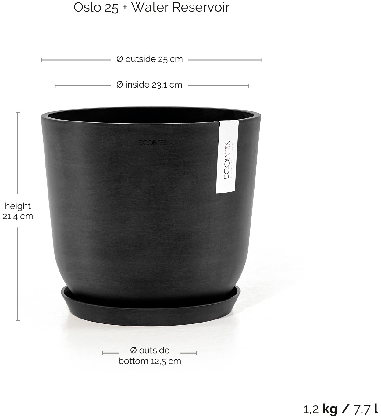 ECOPOTS Blumentopf »Oslo 25 + Wassersystem Dunkelgrau«, für innen und außen: frostsicher, bruchsicher und lichtbeständig