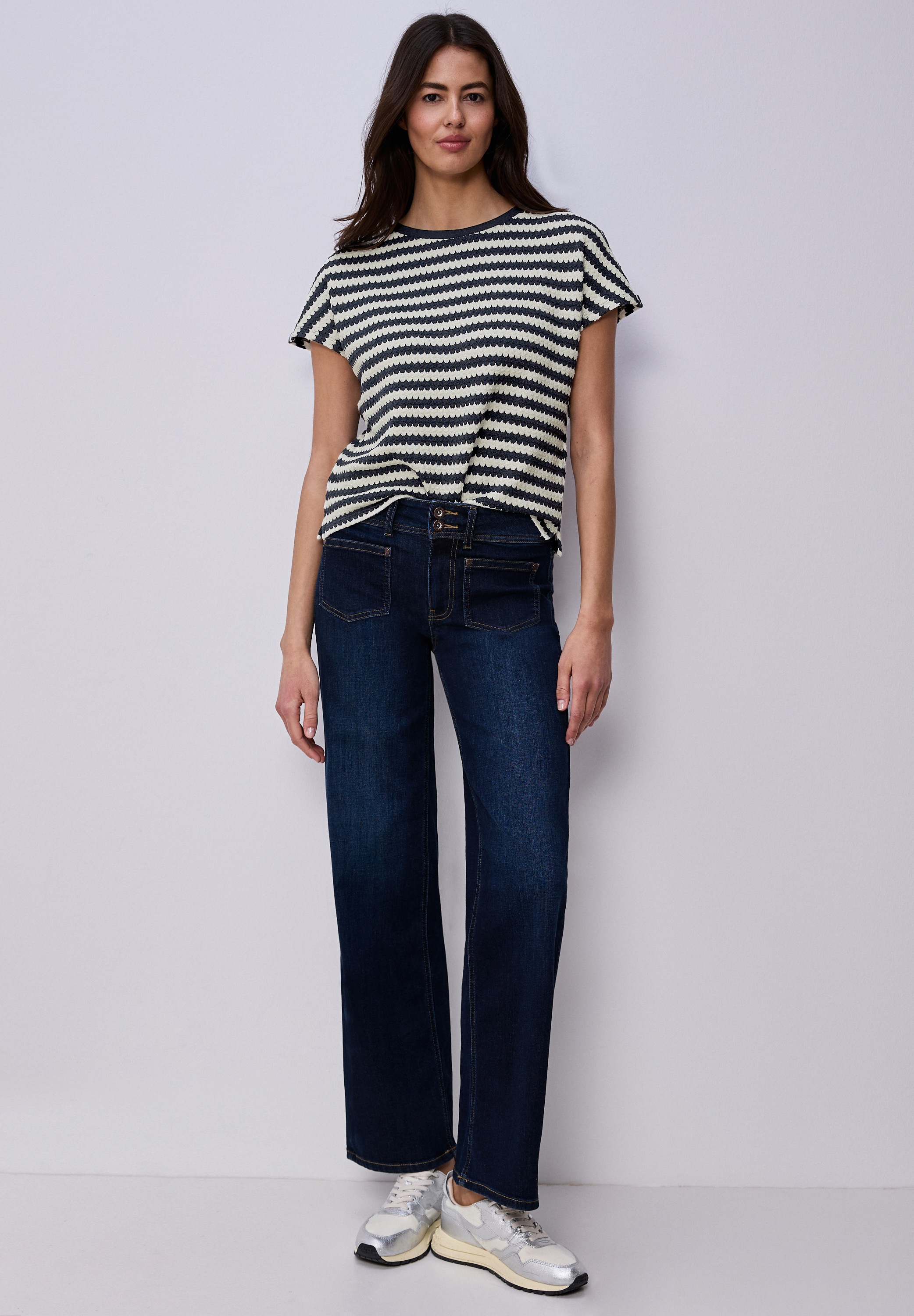 T-Shirt STREET ONE, Damen, Gr. 38, shadowed navy, Stoff, 53% Viskose, 44% Polyester, 3% Elasthan, gestreift, normal normal, Rundhals, abgesteppt, Shirts T-Shirt, im Streifendesign 6
