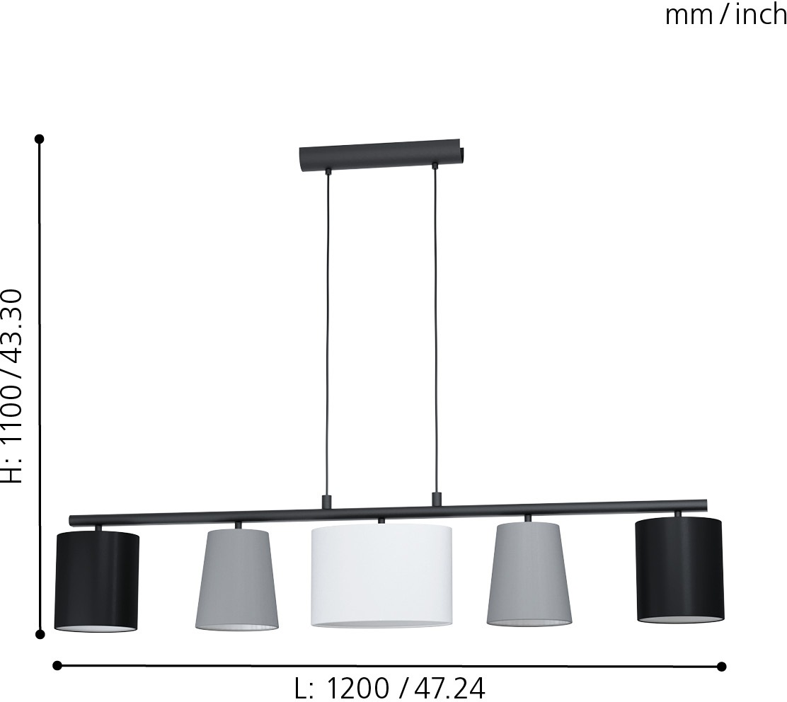 EGLO Hängeleuchte »ALMEIDA 1«, 5 flammig-flammig, schwarz / L120 x H110 x B25,5cm / exkl. 5 x E14 / Stoff Lampenschirme