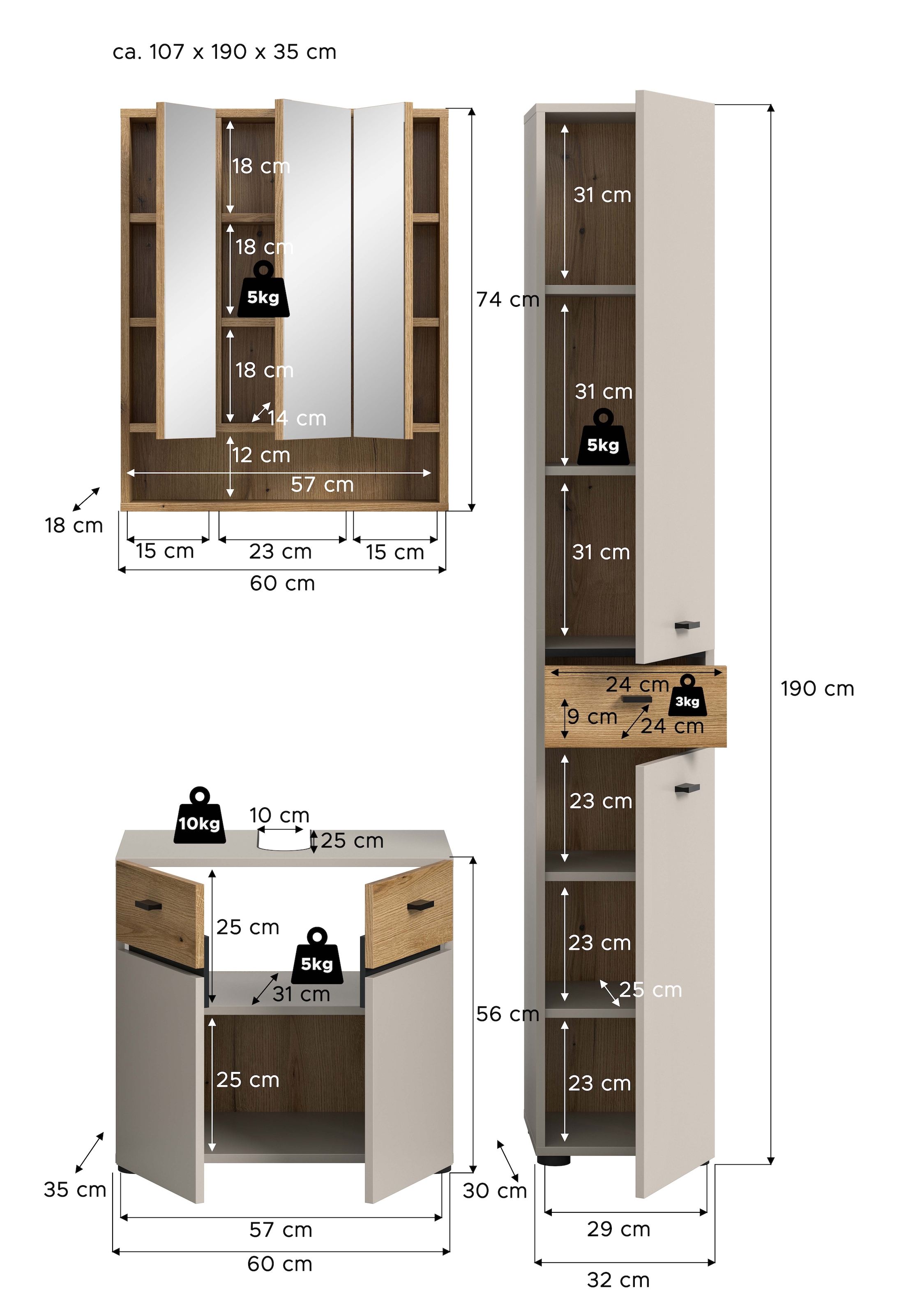 welltime Badmöbel-Set »VANN, 3-teilige moderne Badkombination, individuell stellbar« 1x Waschbeckenunterschrank, 1x Spiegelschrank, 1x Hochschrank, 3 Stk. tlg.