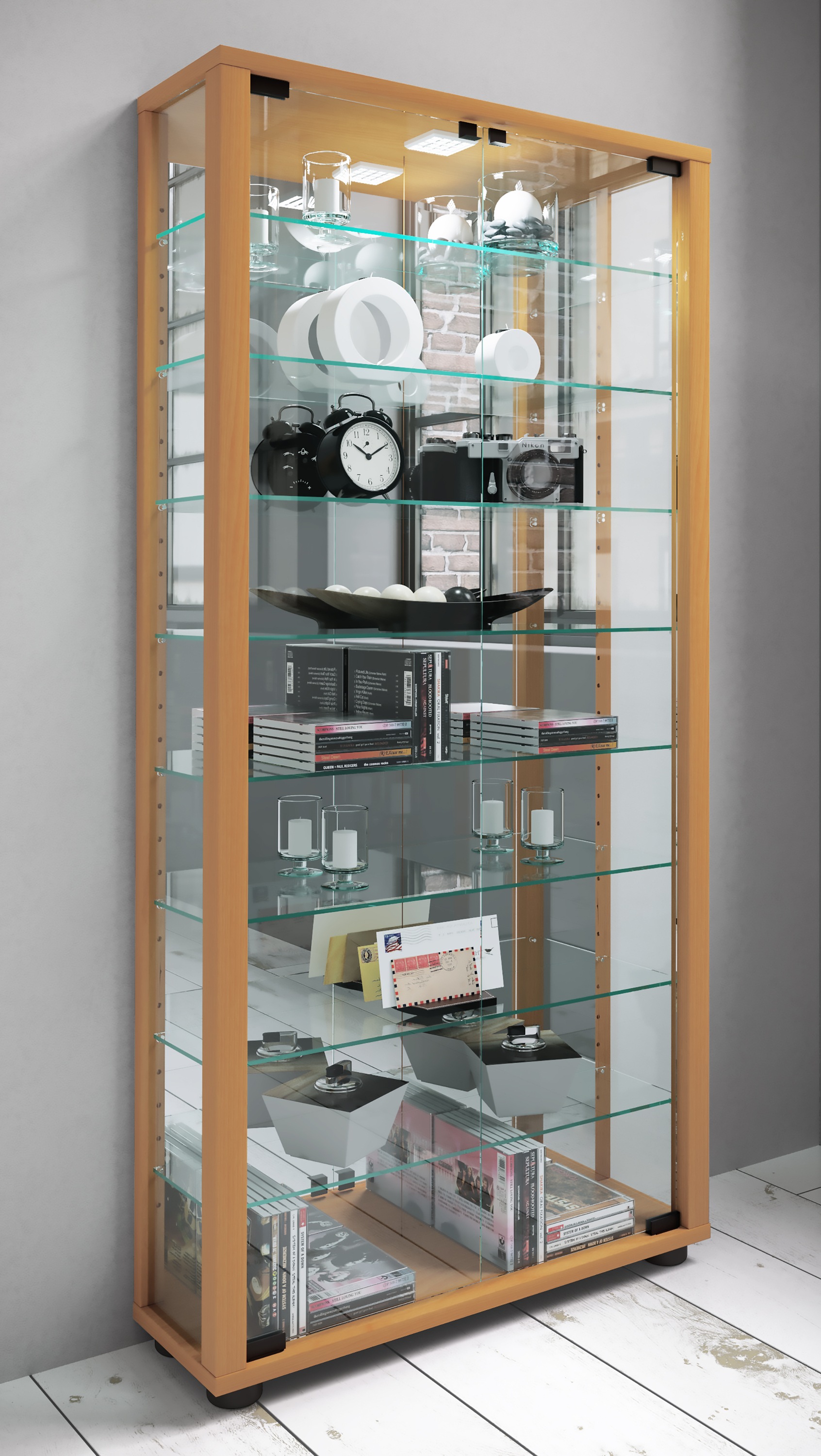 VCM Vitrine »VCM Glasvitrine stehend | Vitrine Glas mit ESG-Sicherheitsglas | Maße ca. H. 115 x B. 59 x T. 18 cm | Standvitrine Glas | Modern und platzsparend | Glas Vitrinenschrank ¿ Lumo Maxi Spiegel«, (1 St.)