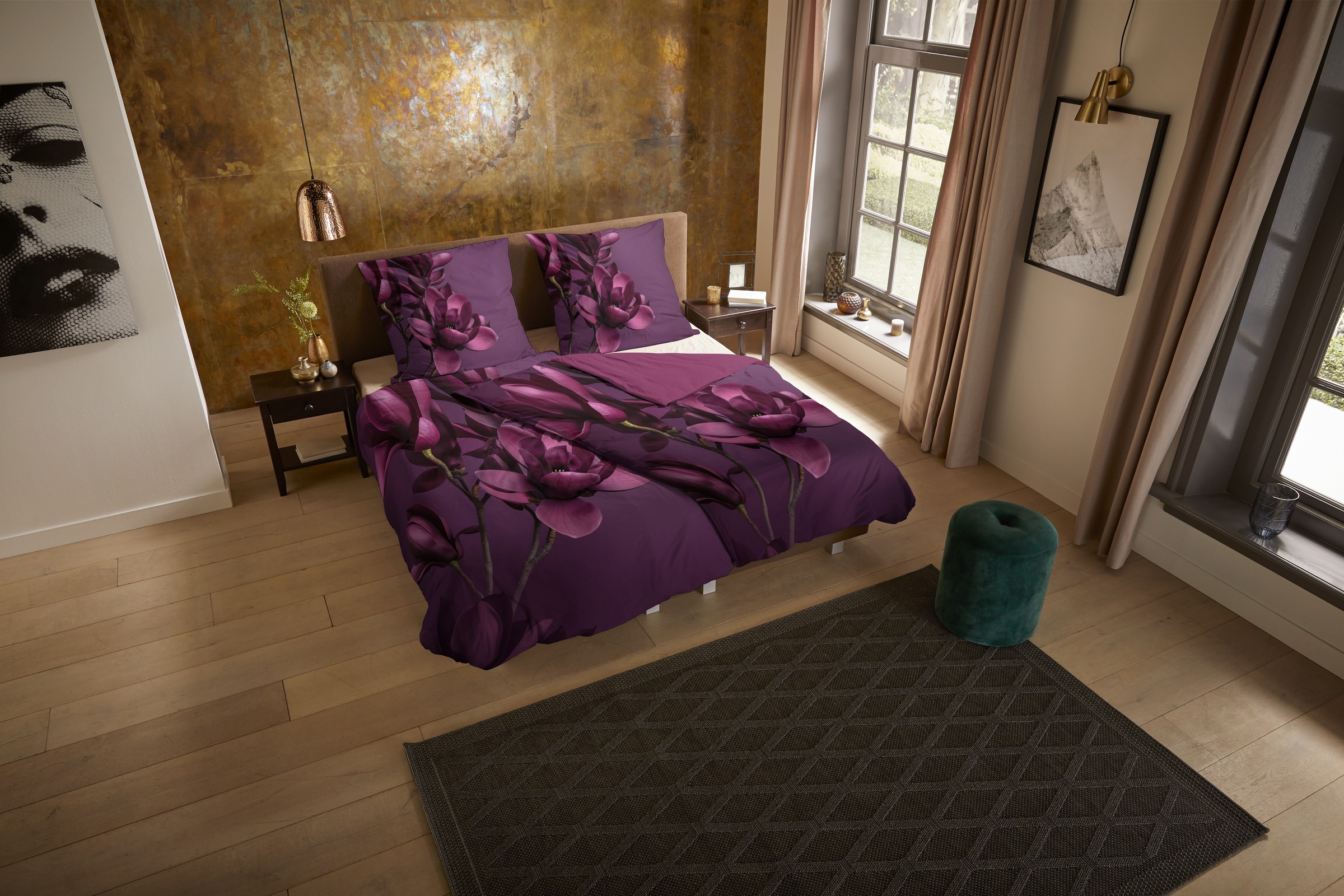 PURE luxury collection Wendebettwäsche "Penelope" 2 Mikrofaser, Pflegeleicht, Reißverschluss, Wende, Blumen, Aubergine