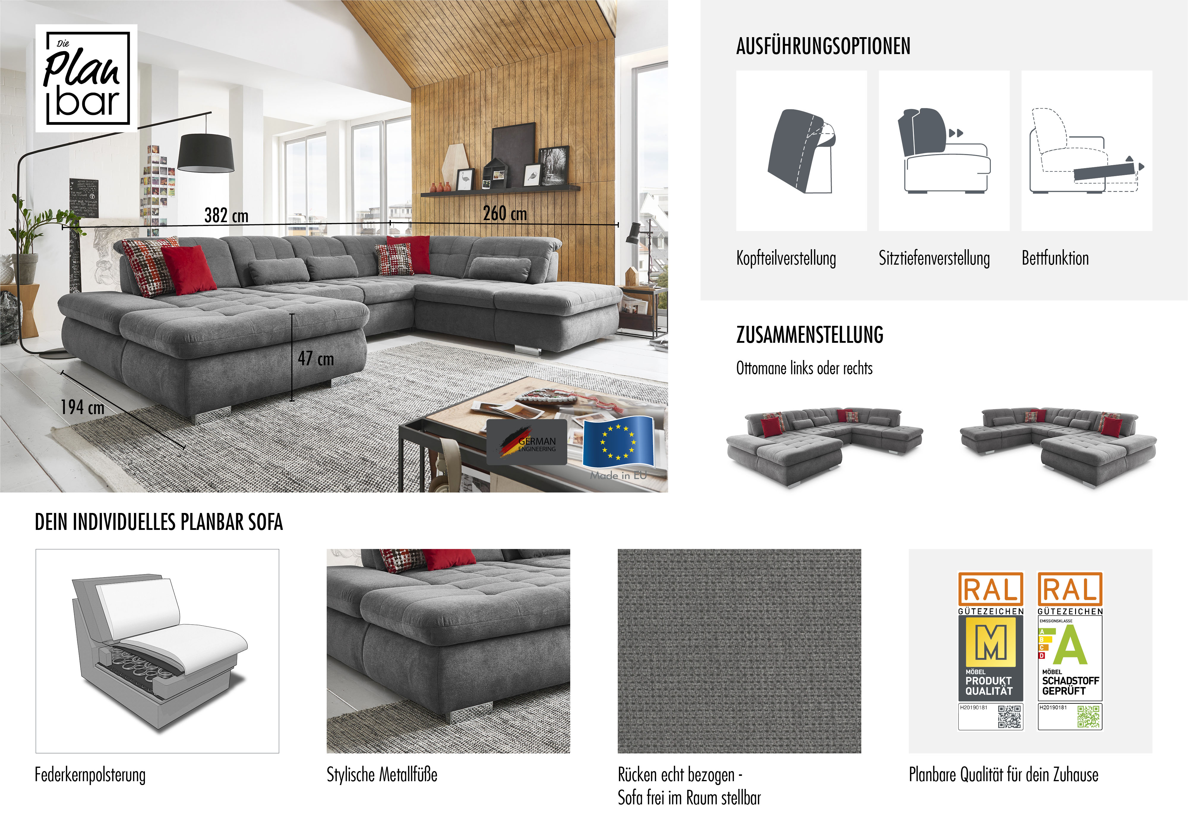 Thumbnail - Die PlanBar Ecksofa "MP-IN17004 L-Form", wahlweise mit Funktionen, Federkern-Polsterung