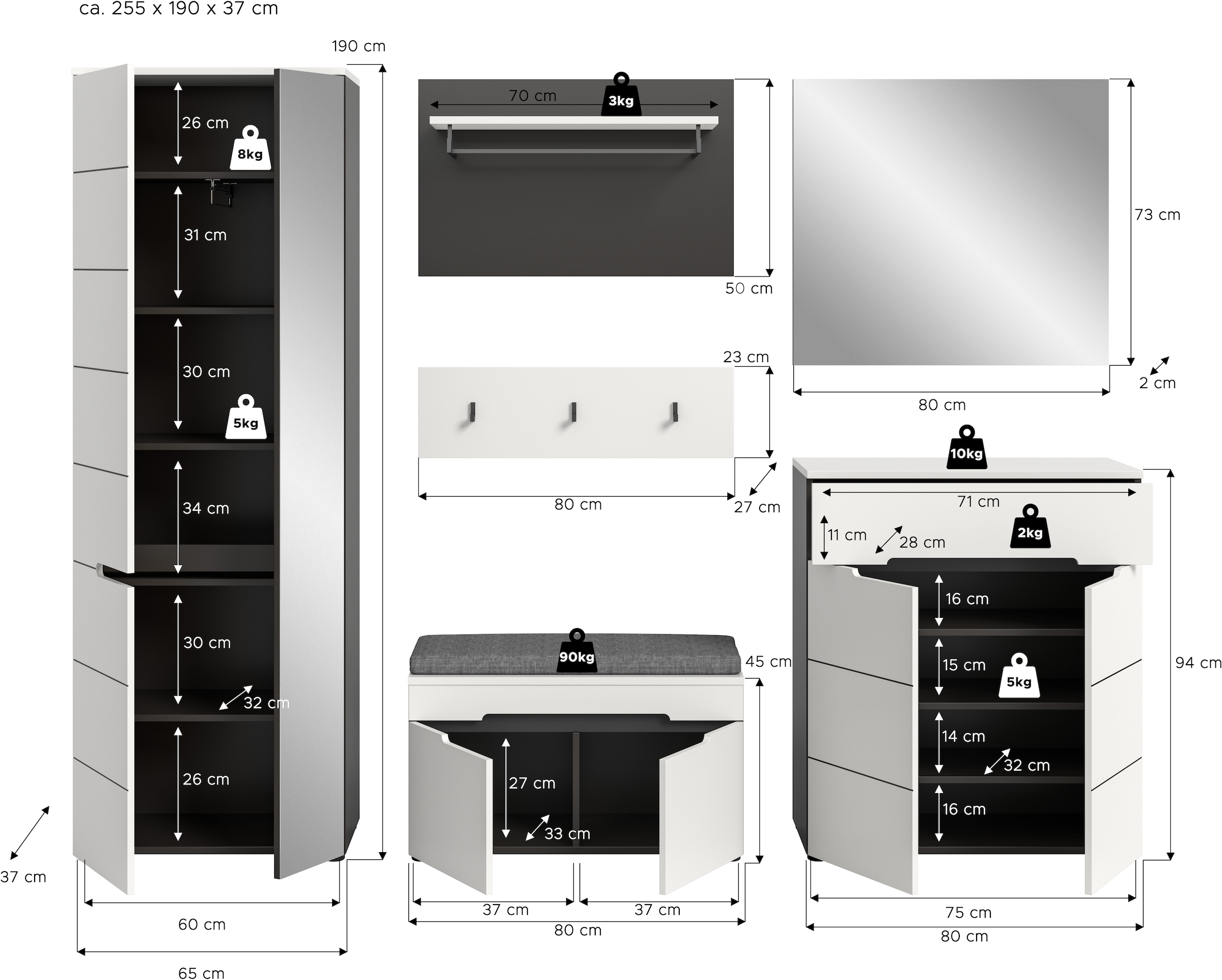 INOSIGN Garderoben-Set »REHAT, TOPSELLER!, 6-teilig, Breite 255 cm, individuell erweiterbar« Set, Schrank, Sitzbank, Sitzkissen, Paneel, Hakenleiste, Spiegel, Kommode, 6 Stk. tlg.