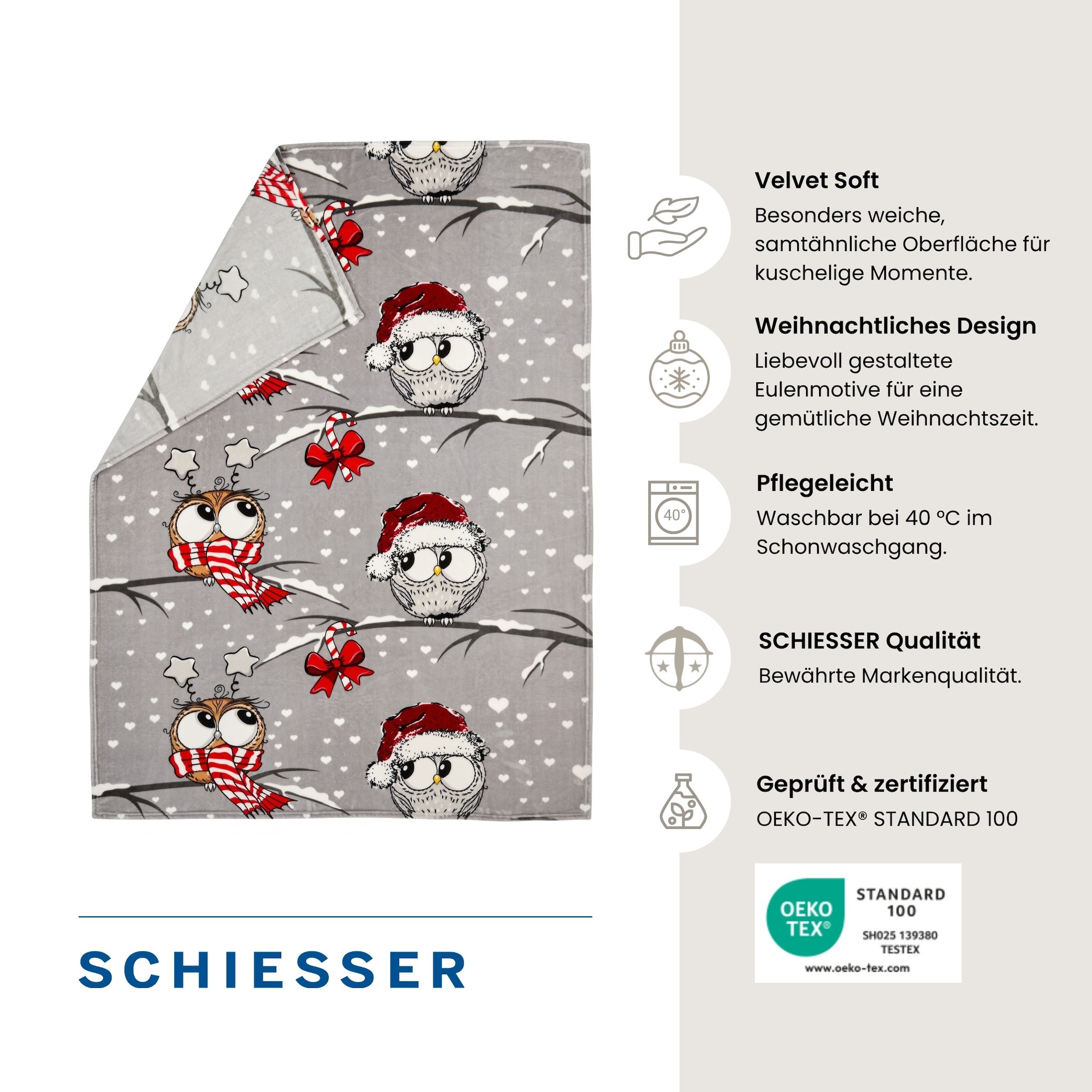 Schiesser Wohndecke »Wohndecke Thea, weiche Kuscheldecke mit weihnachtlichem Eulenmotiv« OEKO-TEX STANDARD 100