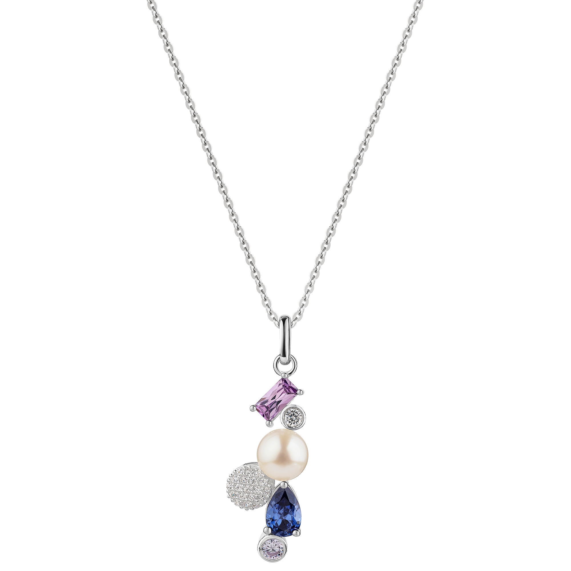 Kette mit Anhänger FIRETTI "Geschenk Silber 925 Halsschmuck Ankerkette Baguette Kreis Tropfen", silberfarben, lavendel, tanzanite, lila, kristallweiß, weiß, Halsketten, Damen, Perlen Silber 925 (Sterlingsilber), L: 45 B: 1,1mm, Perlen, Silber 925 (Sterlin