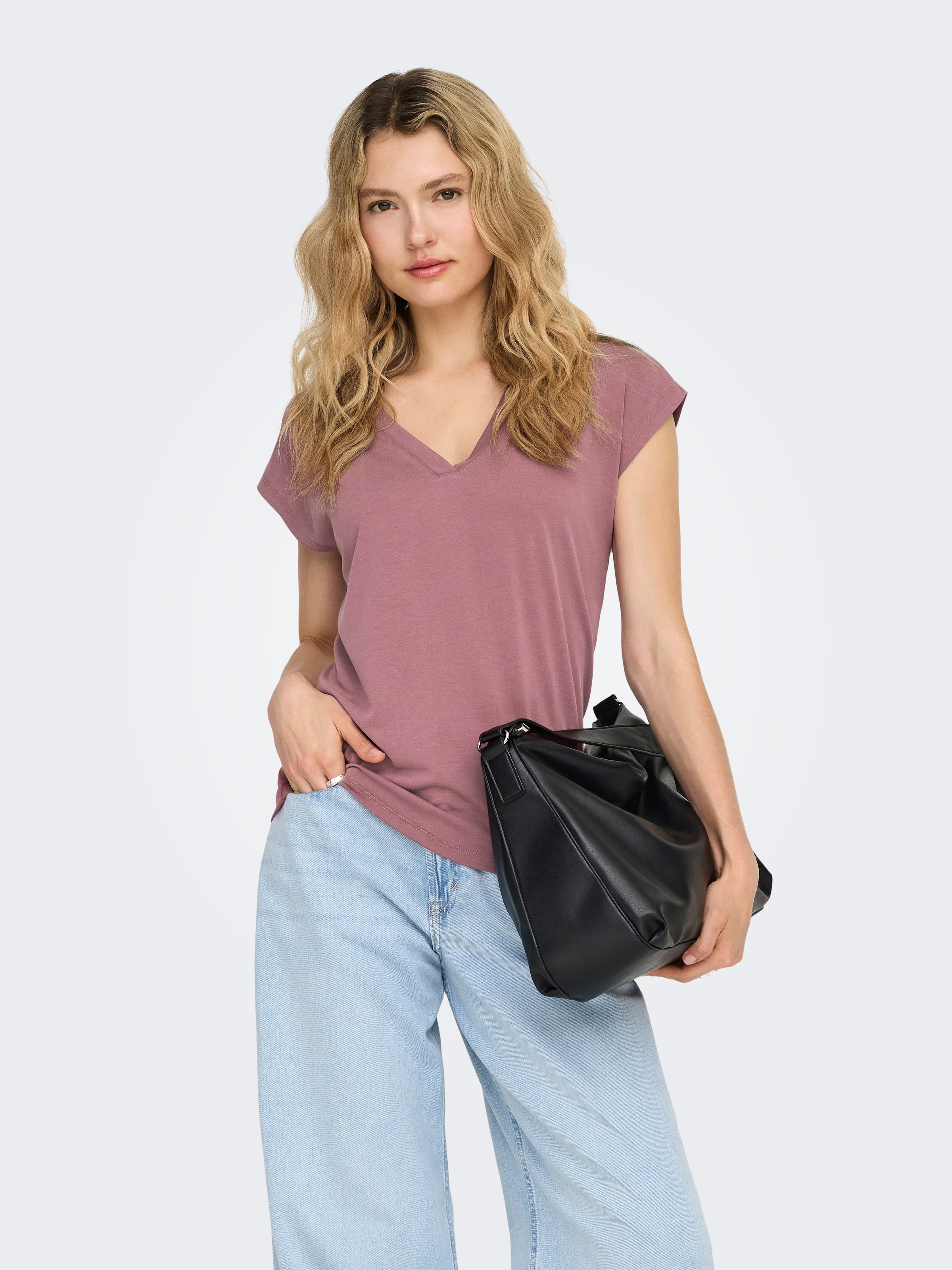ONLY ONLFREE S/S Top Col V Rose Brun Taille L 4