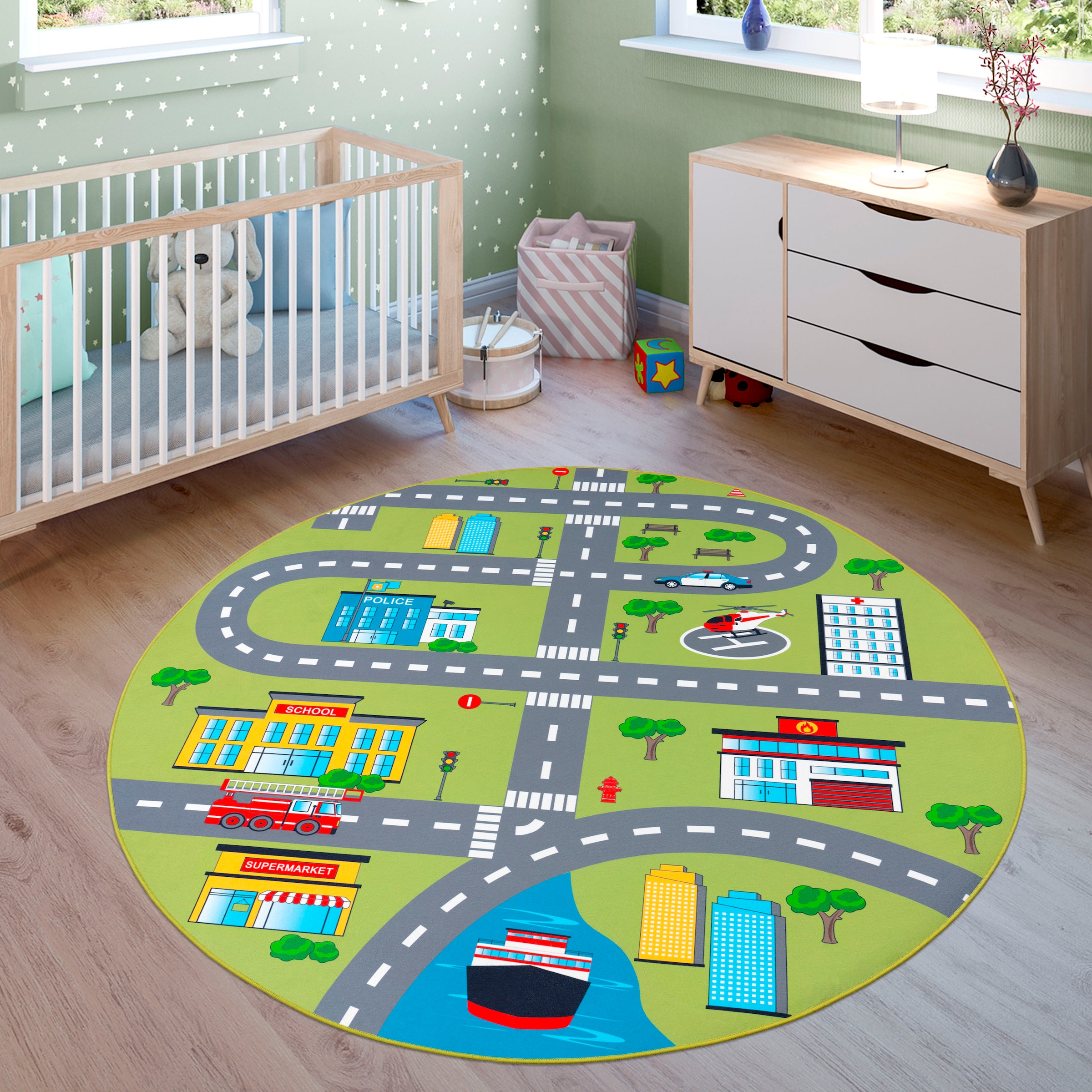 Paco Home Kinderteppich »Bino 570«, rund, 4 mm Höhe, Kurzflor, Straßen-Spiel-Teppich, Kinderzimmer