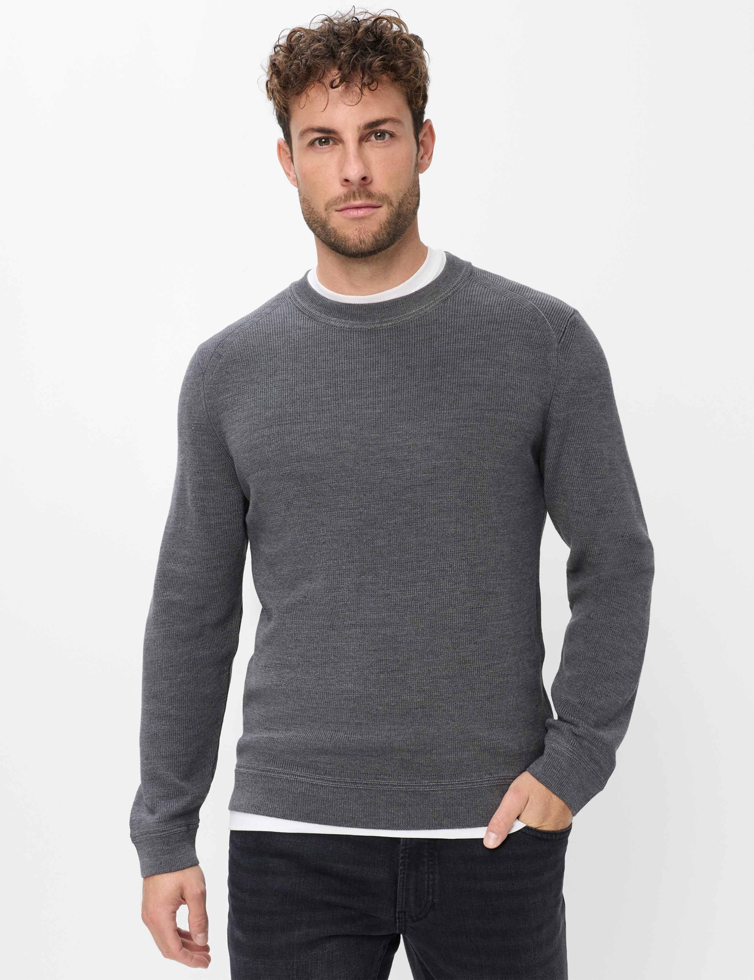 "Rundhalspullover BRAX ""Style ROY"", Herren, Gr. XL (54), grau (dunkelgrau), Strick, 44% Baumwolle, 29% Polyacryl, 27% Wolle, Rundhals, Pullover