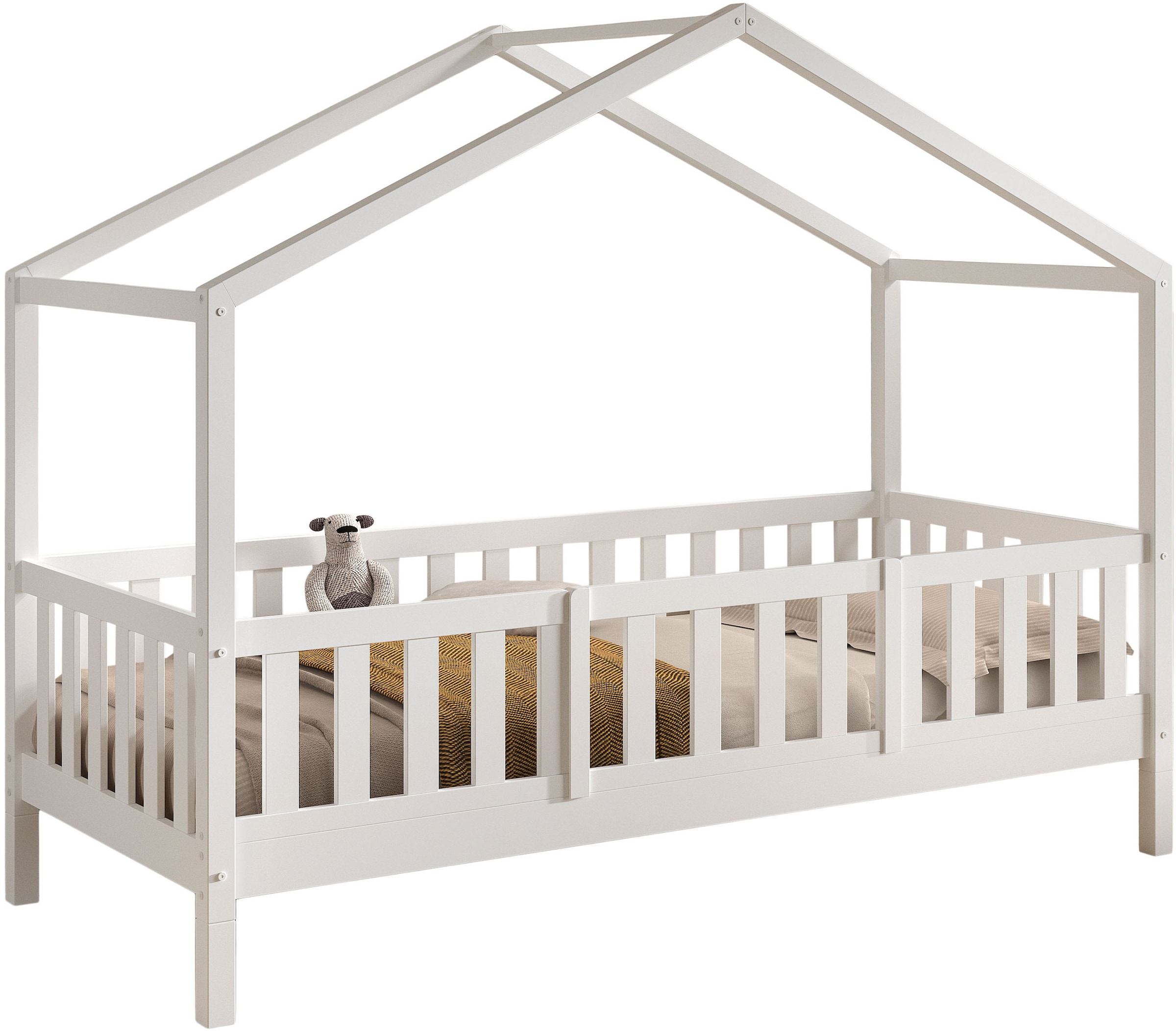 Vipack Hausbett "Dallas, Massivholzbett mit Dachaufbau umbaubar vom Boden- zum Daybett" inkl. Lattenrost, Rausfallschutz, Sprossen, 90 oder 140x200 cm breit, stabil und standfest gebaut, wahlweise Kiefer massiv natur oder weiß