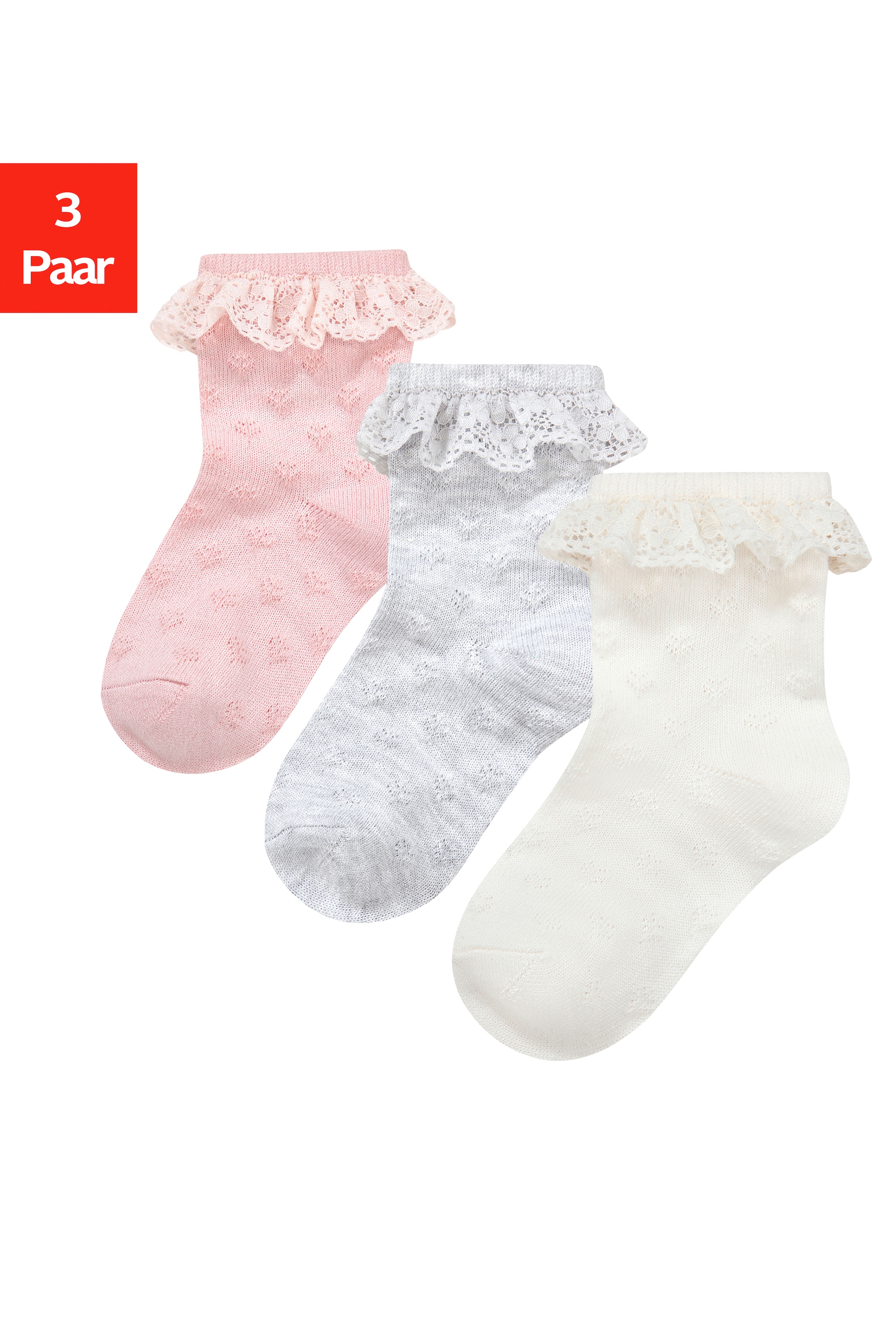 H.I.S Socken "Babysocken Ajour" Packung, 3 Paar tlg. mit feinem Ajour Strickmuster und kleiner Rüsche
