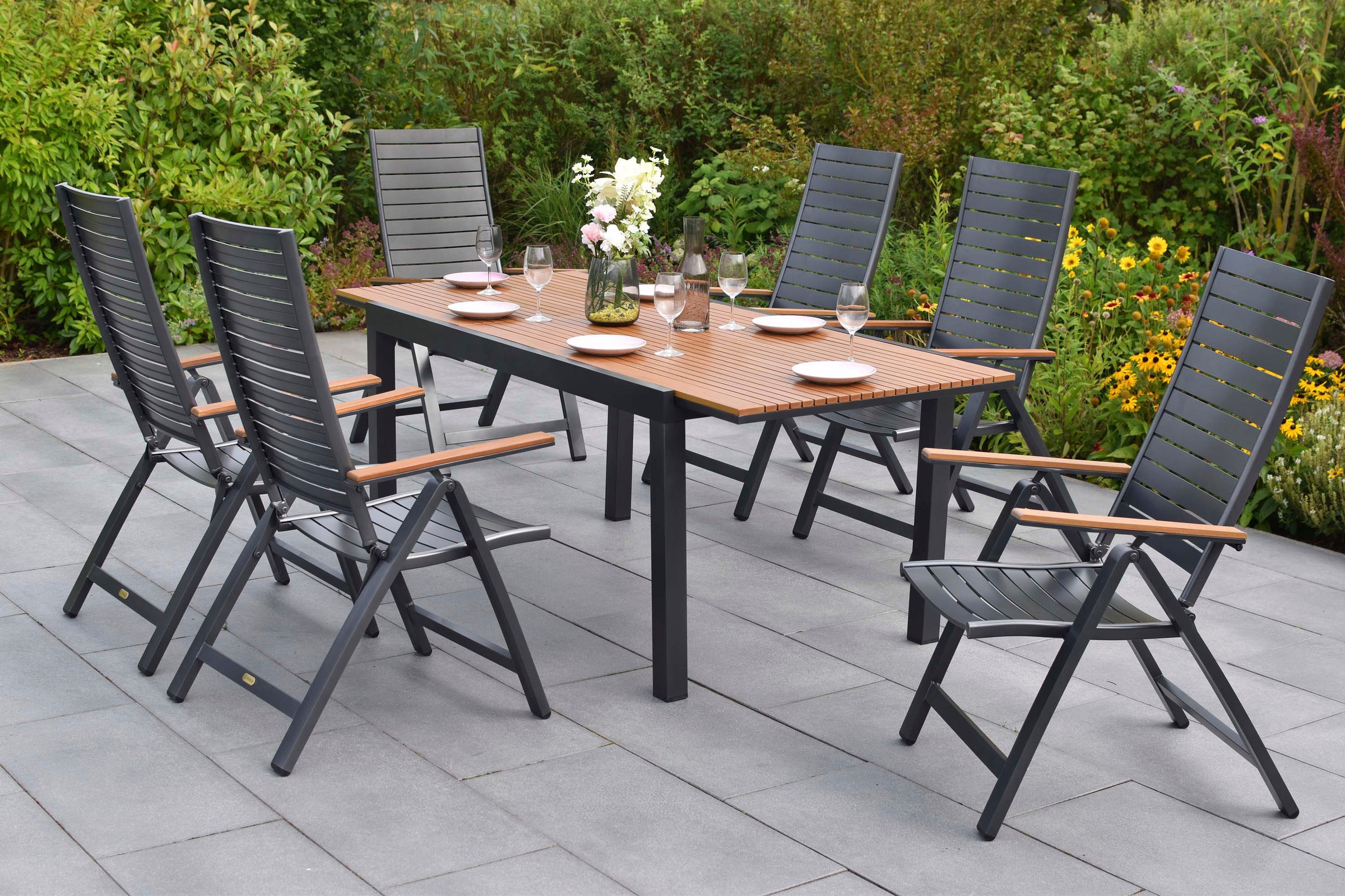 MERXX Garten-Essgruppe »Astros« Set, 7 tlg. inkl. 6 Klappsessel, 1 Ausziehtisch