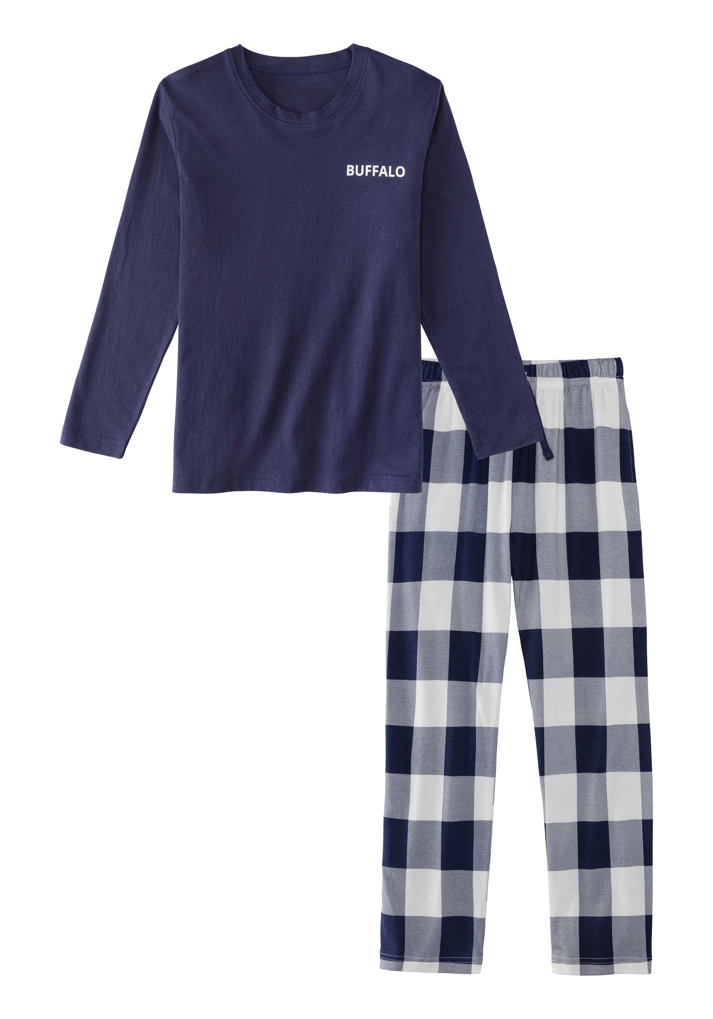 Buffalo Pyjama Packung, 2 tlg. langer Schlafanzug, unifarben und kariert, aus Baumwolle