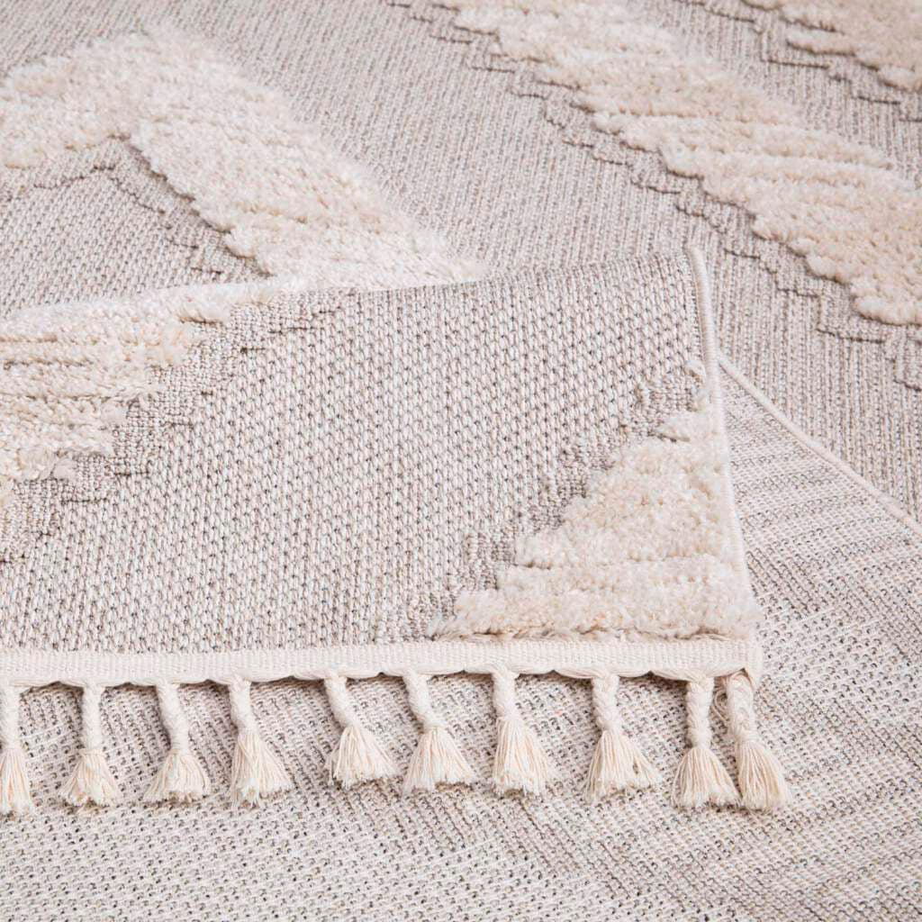 Hochflor-Teppich CARPET CITY "Valencia 813", beige (creme, graublau), B:140cm H:20mm L:200cm, Polypropylen, Teppiche, Fransenteppich, Läufer, Boho-Stil, 3D-Effekt, Raute, Hoch-Tief-Struktur, mit Fransen 3