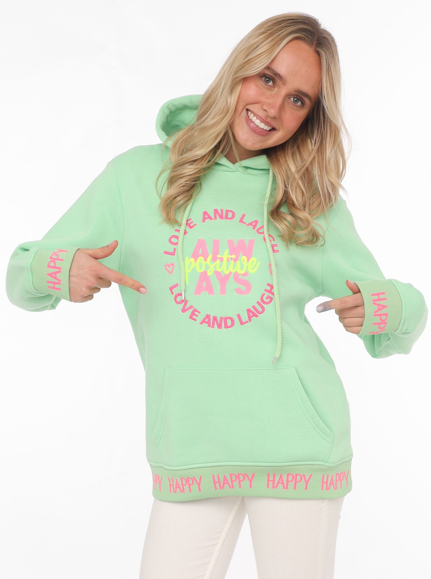 Zwillingsherz Hoodie ""Always Positive"", mit Kapuze und neonfarbenem Aufst günstig online kaufen