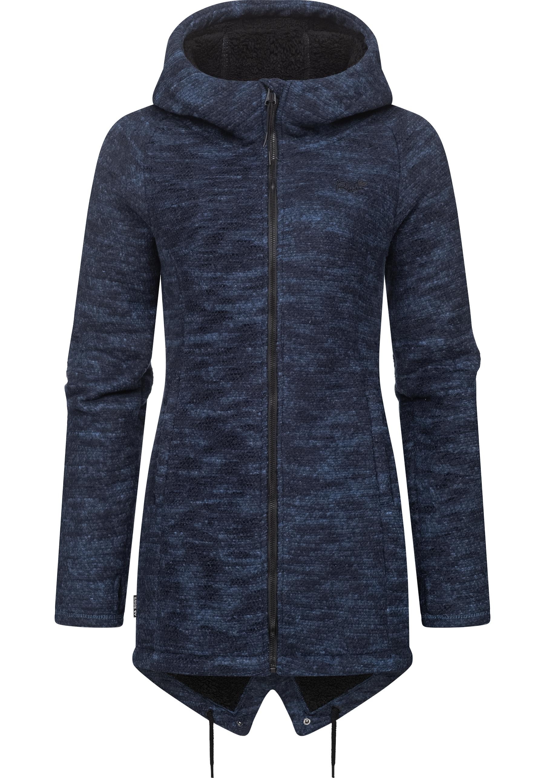 Kapuzenstrickjacke RAGWEAR "Wingi Melange", Damen, Gr. XS (34), blau (navy), Strick, Obermaterial: 56% Baumwolle, 44% Polyester; Innenfutter: 100% Polyester, figurumspielend ca. Mitte Oberschenkel, hoch geschlossener Ausschnitt, Ärmel ohne Ärmelschlitz ab 3