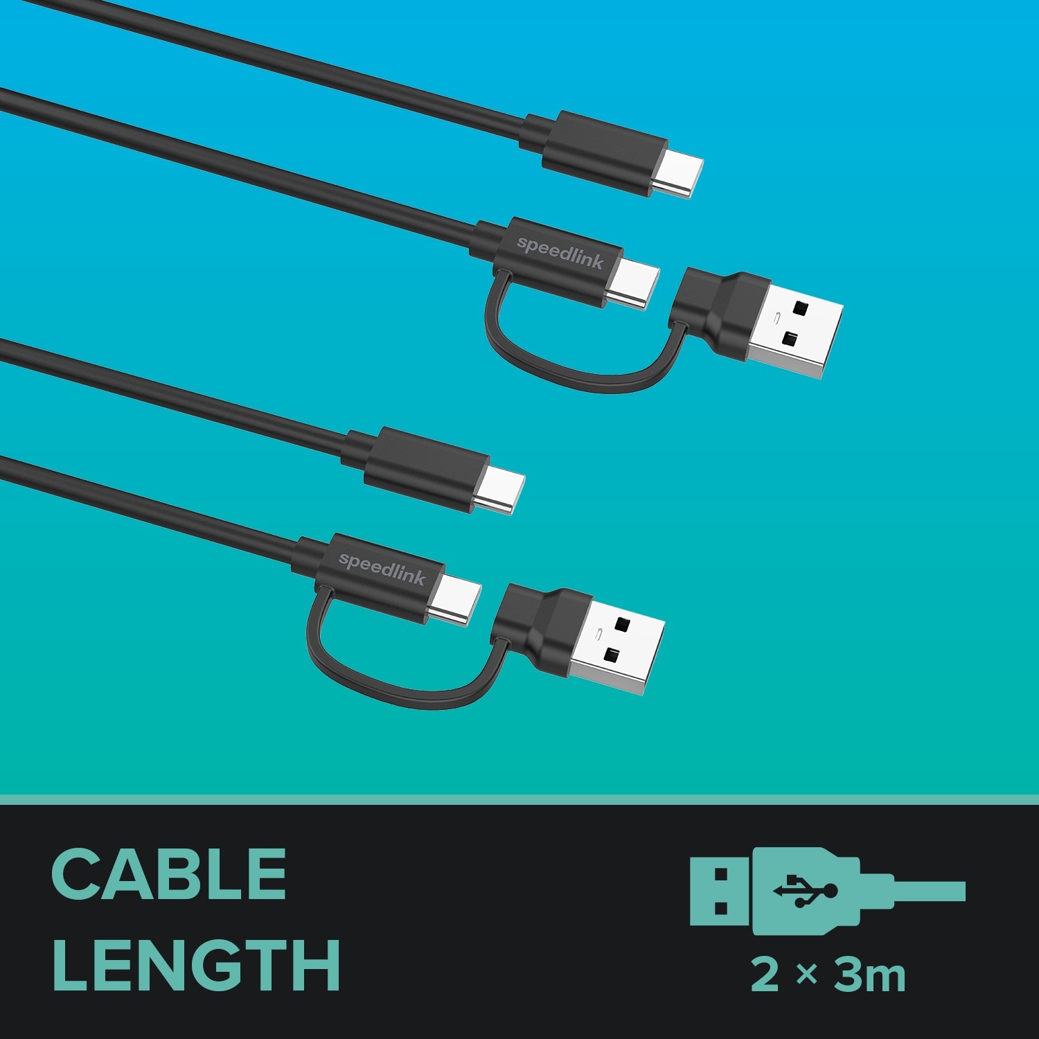 Speedlink USB-Ladegerät »STREAM Play & Charge USB-C/USB-A«, 2 Stück Ladekabel für Controller PS5 Xbox Switch Controller, 3 Meter